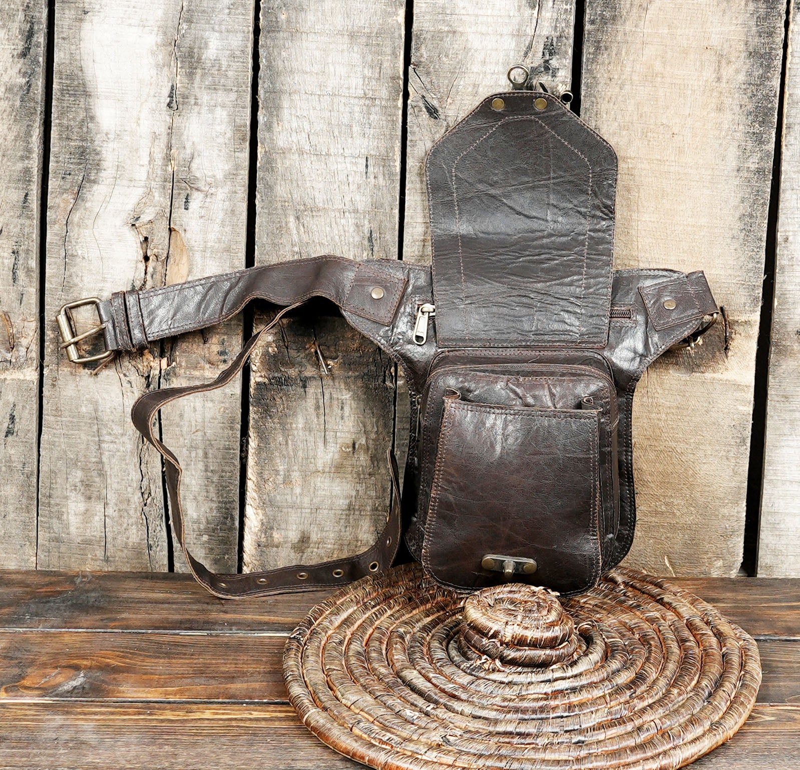 Handmade Leather Waist Belt with Front Pouch || Genuine Leather Waist Belt with Utility Pouch (LT/AB/WB/6171)