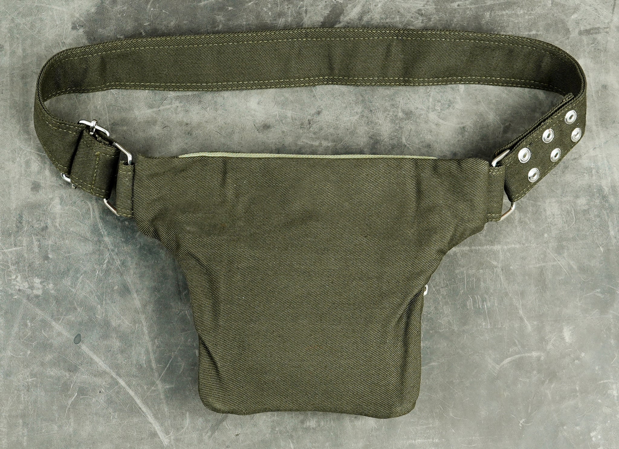 Handcrafted olive green fanny pack made from sturdy cotton canvas