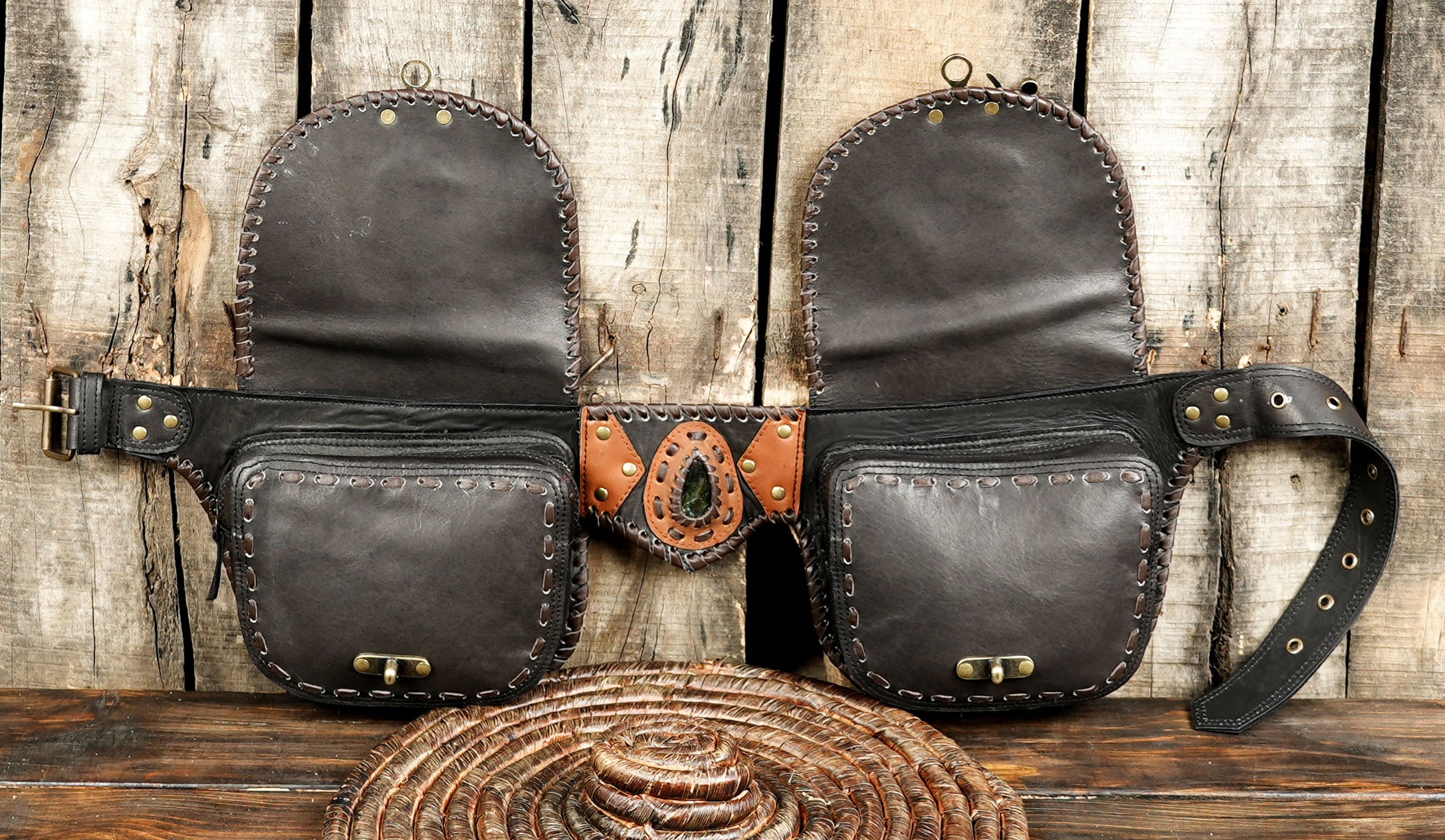 Western boho leather belt bag with natural Labradorite stones and dual pouches