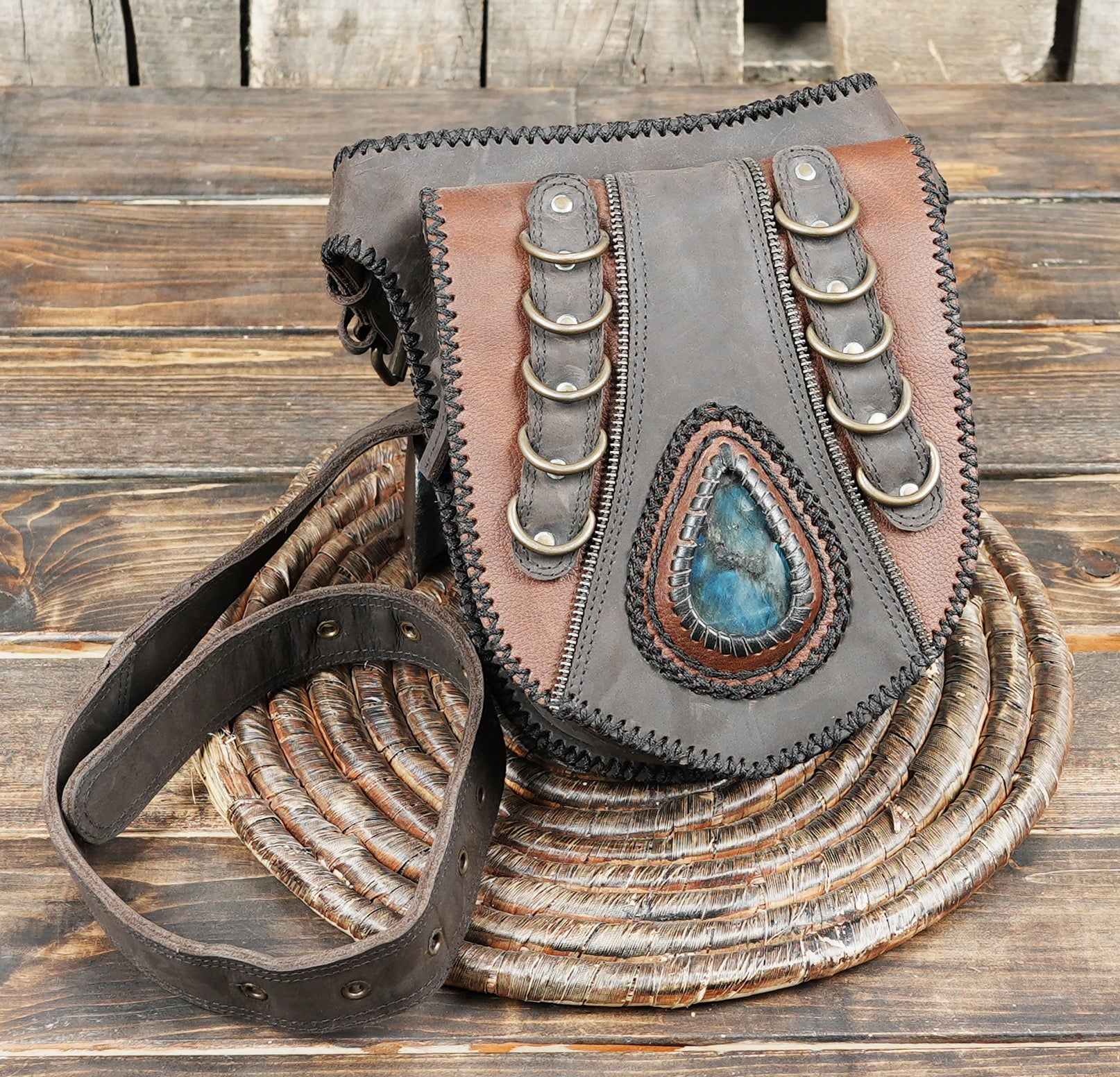 Adventure themed leather waist bag with fantasy style hardware