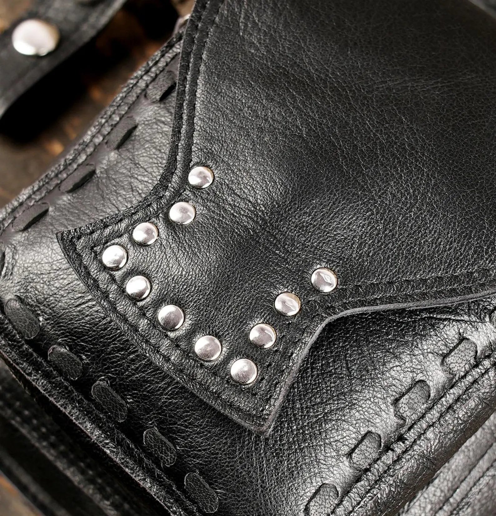 Handmade Leather Leg Bag Holster with Utility Pouch and Silver Hardware