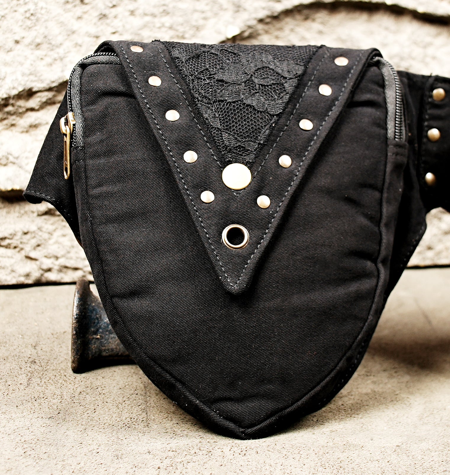 Handmade black cotton waist organizer with zipper pockets