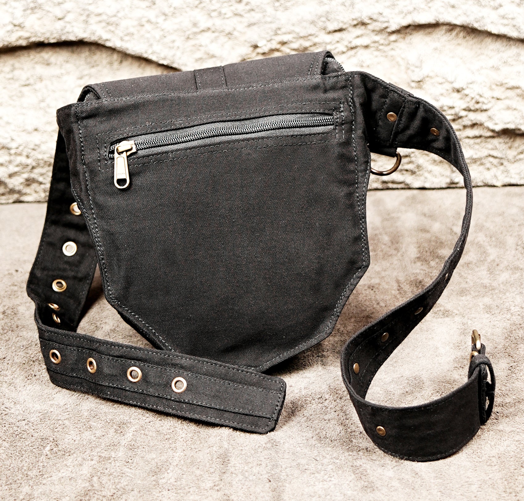 Gothic Style Black Belt Bag with Shield Pocket and Antique Brass
