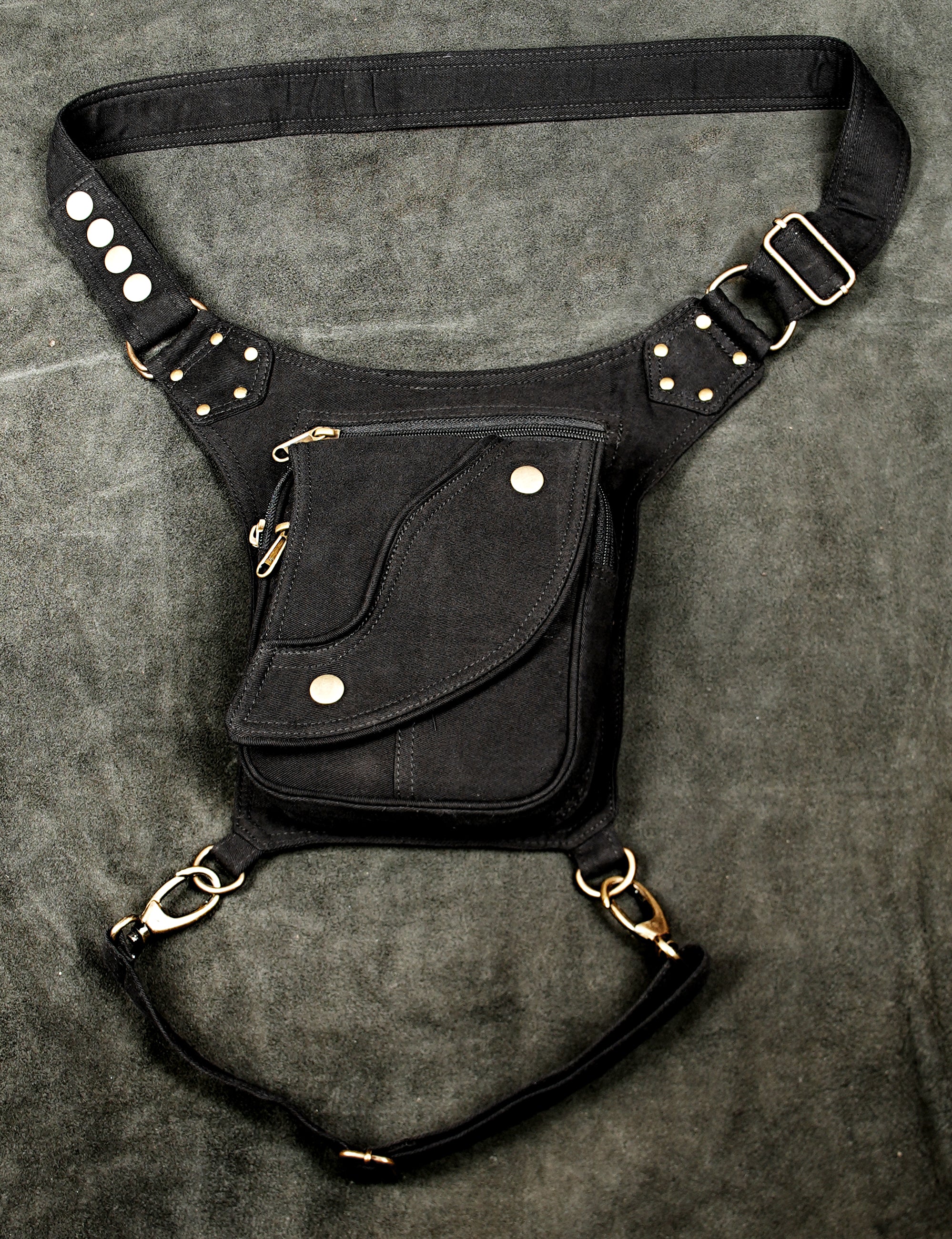 Motorcycle and travel black cotton leg bag with waist belt and zip pockets