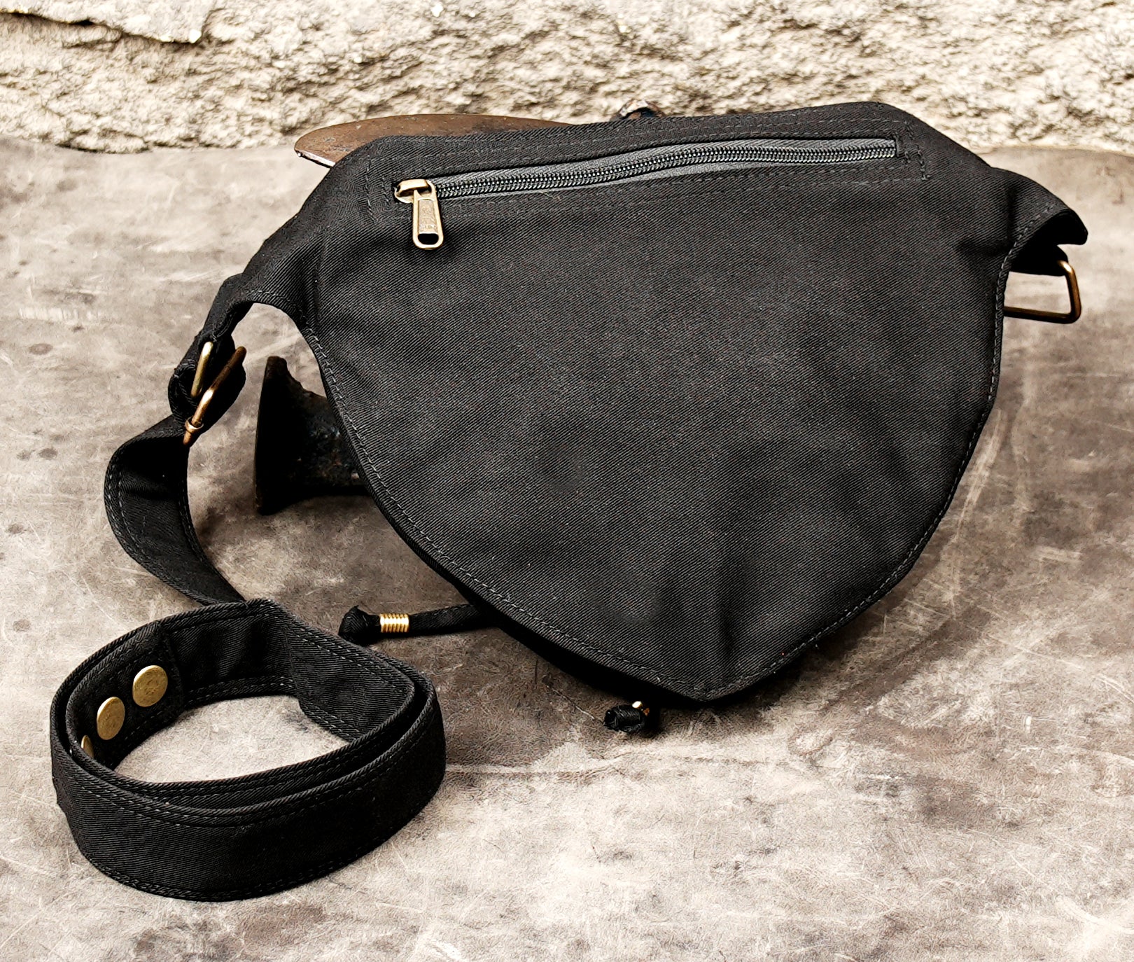 Steampunk Utility Belt Bag - Black Canvas Festival Fanny Pack with Corset Lacing & Zippers - Gothic Hip Bag