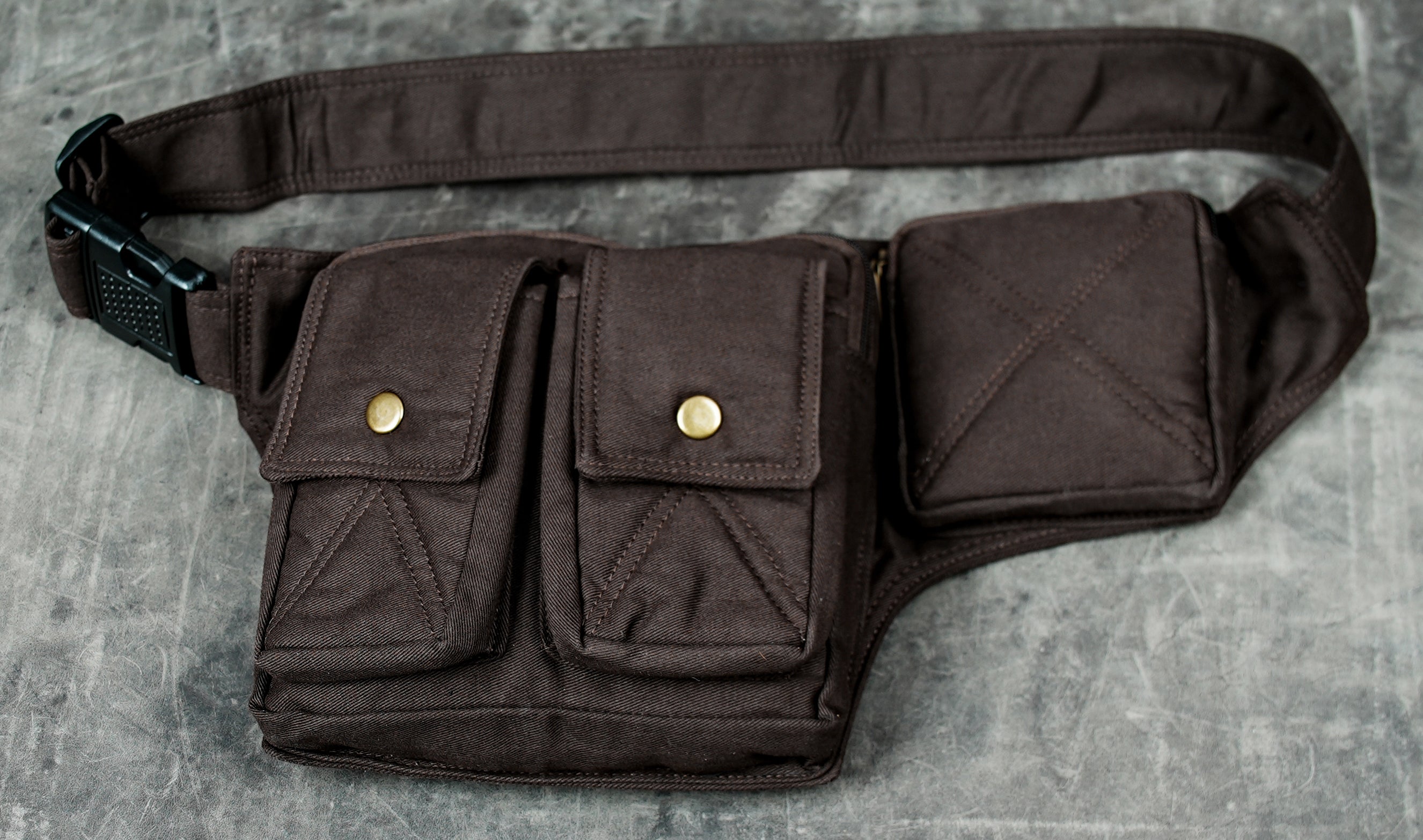 Handmade cotton hip bag with quick-release buckle closure