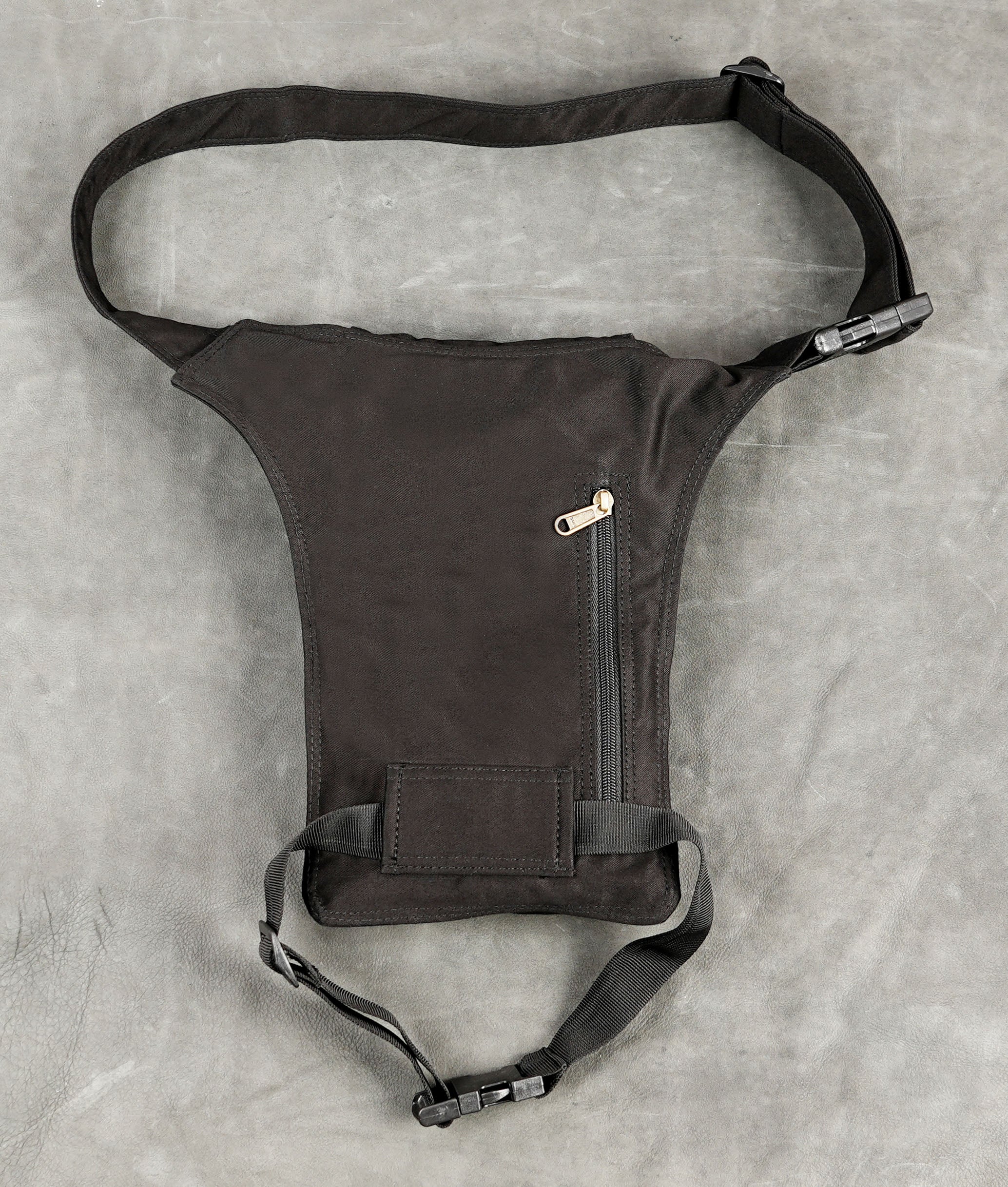 Handcrafted black cotton thigh bag with cross stitch detail