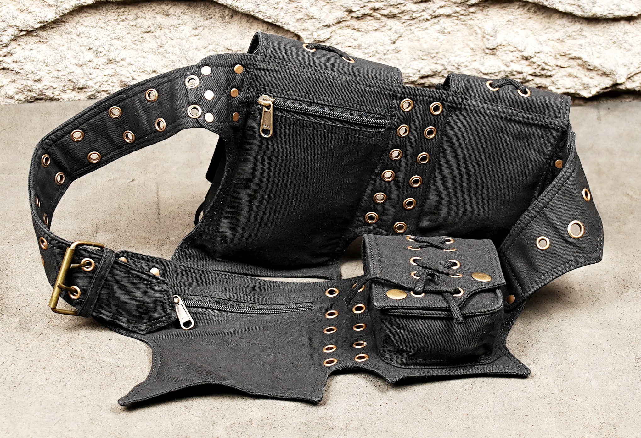 Multi-compartment black cotton utility pouch with lace-up design
