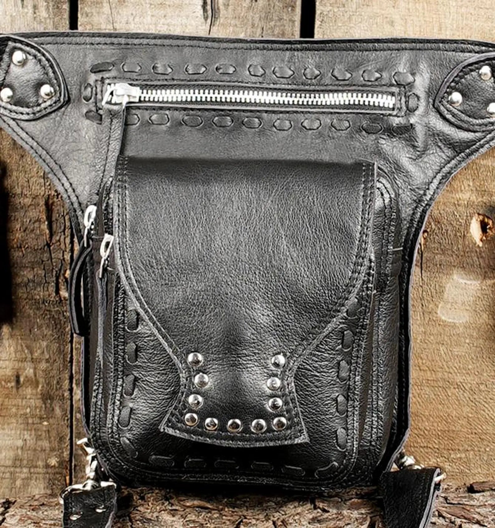 Handmade Leather Leg Bag Holster with Utility Pouch and Silver Hardware