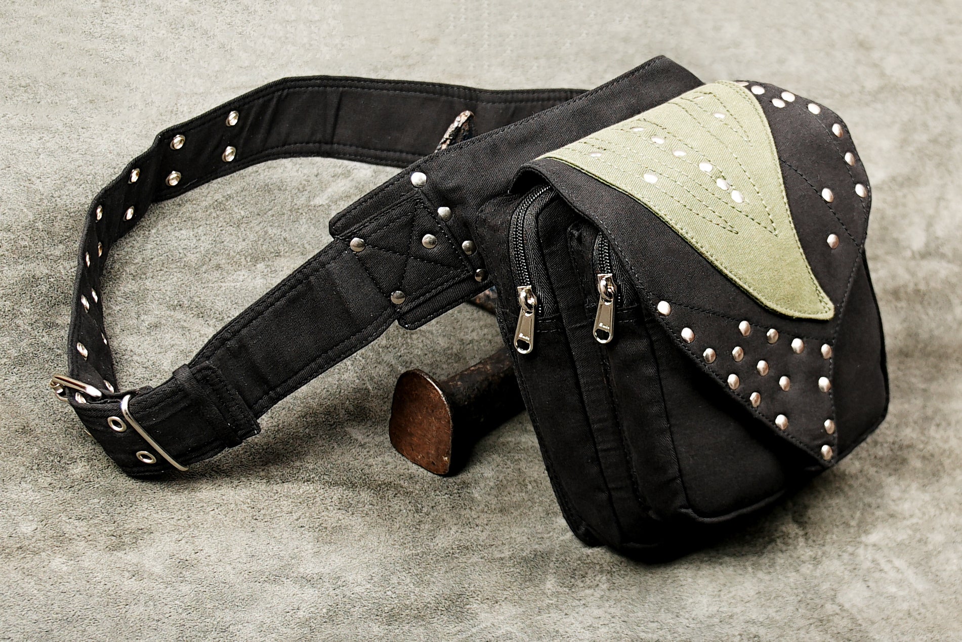 Black cotton utility belt pouch with studded flap and dual zipper pockets