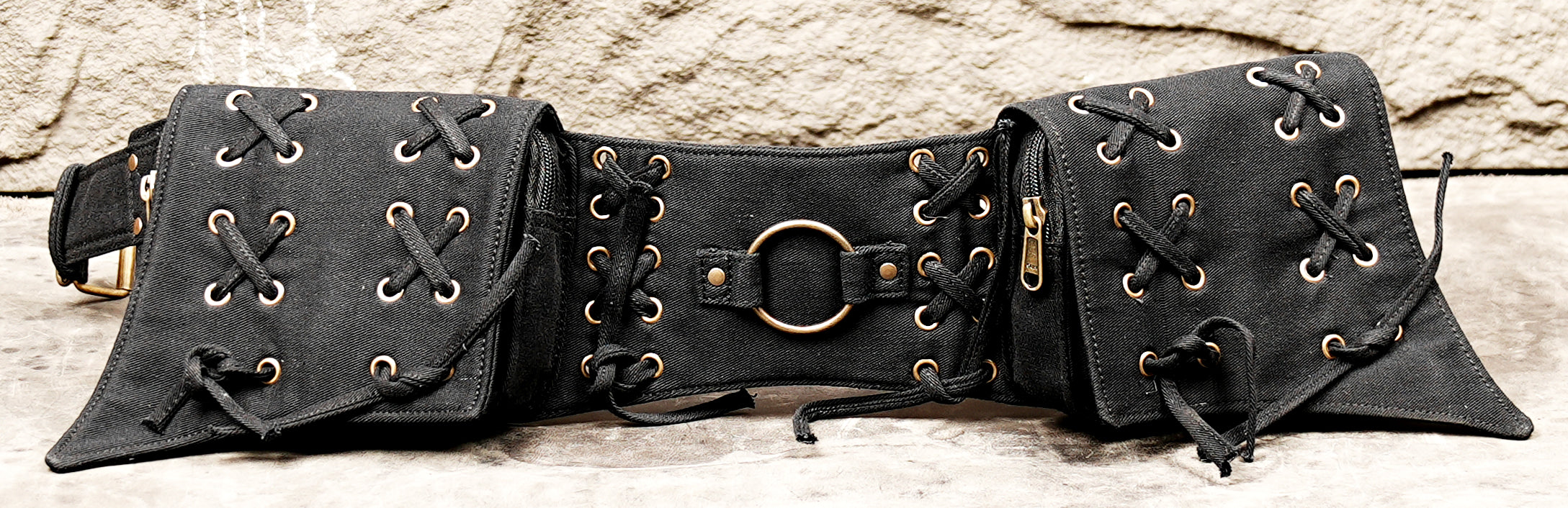 Handmade cotton waist pack with lace-up details
