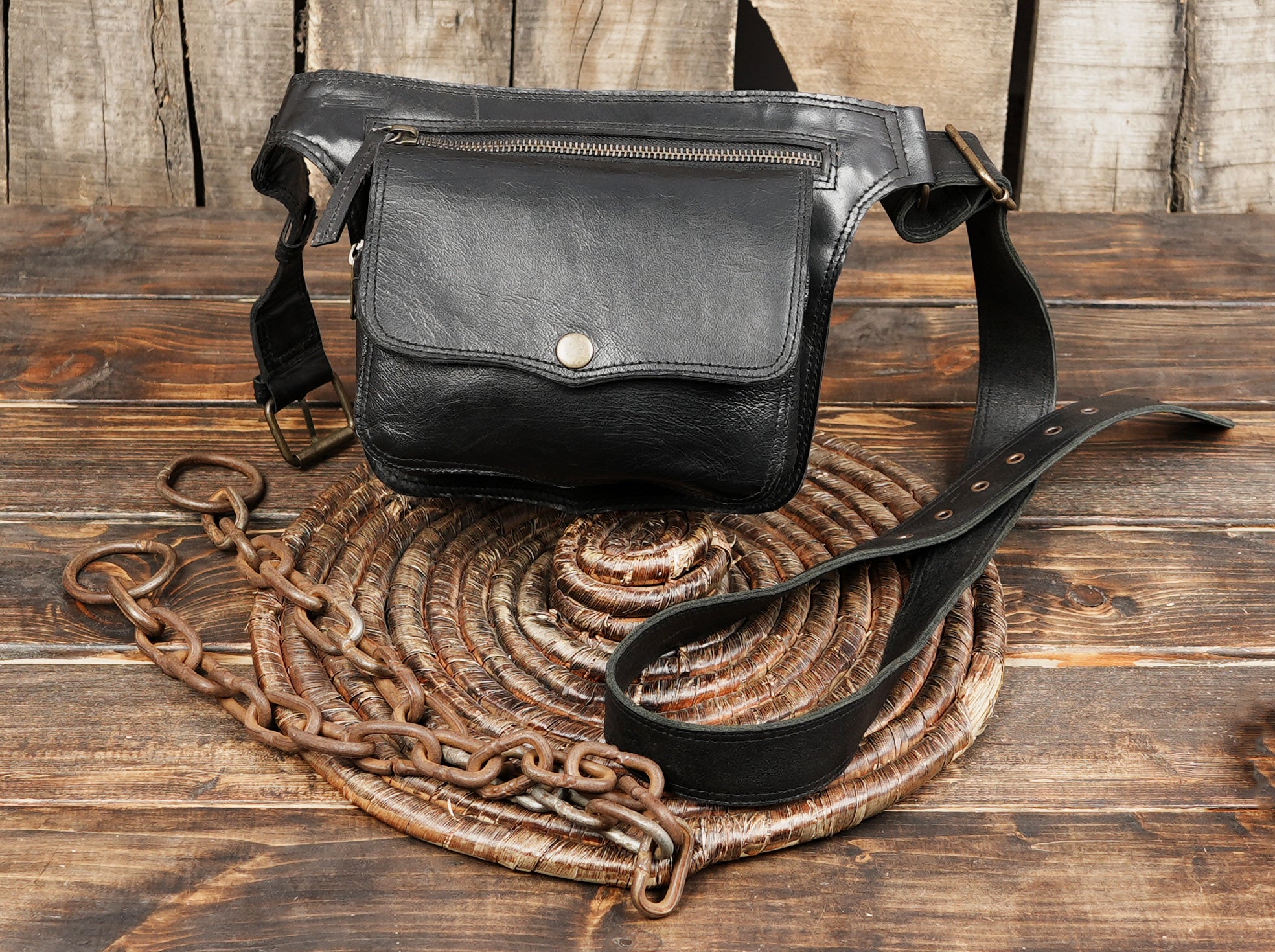 Black Genuine Leather Waist Belt Bag with Zip Pocket || Unisex Black Leather Belt Pouch with Zipper Closure (LT/AB/WB/6076)