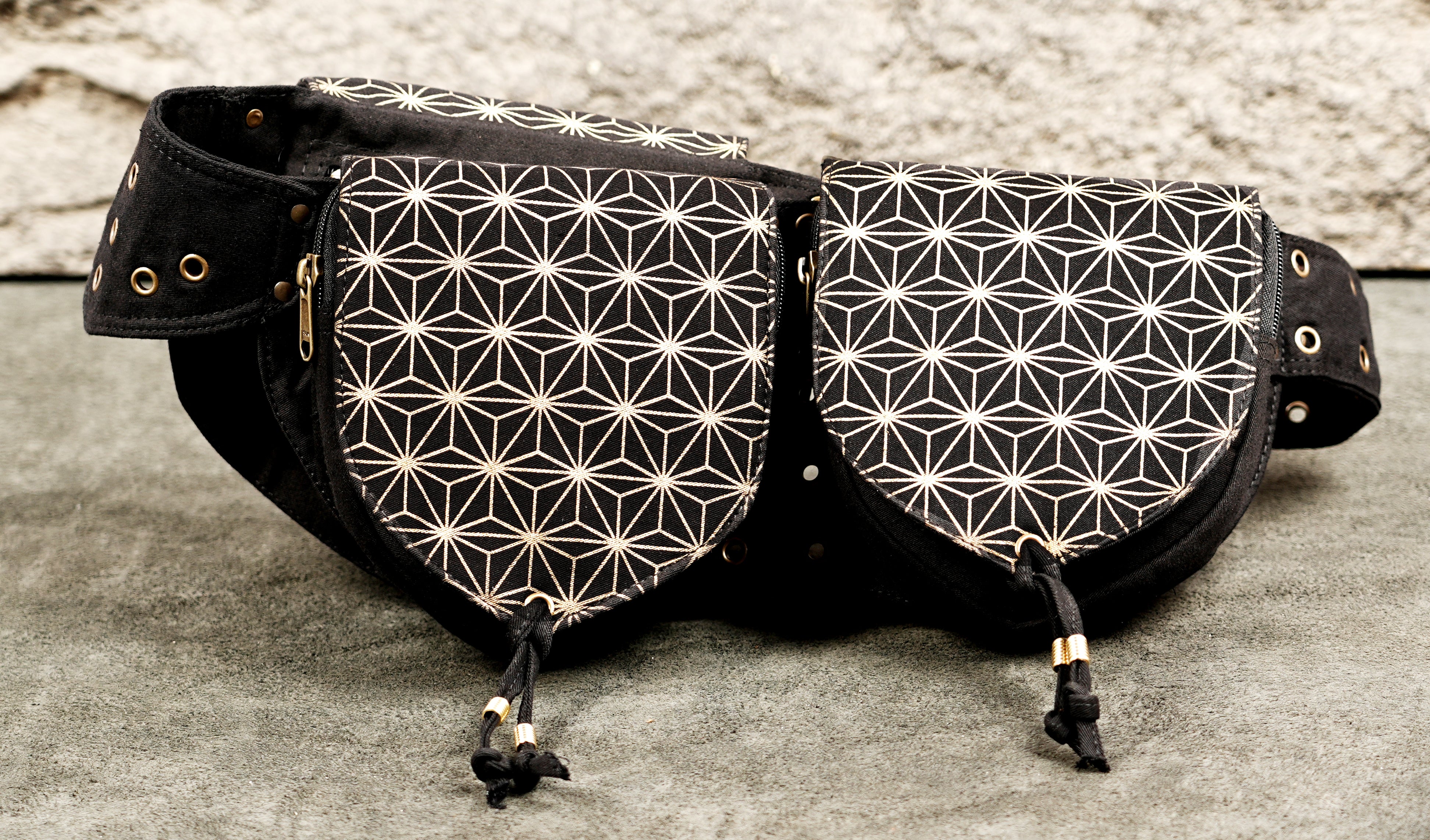 Festival fashion accessory, black canvas hip bag with brass hardware
