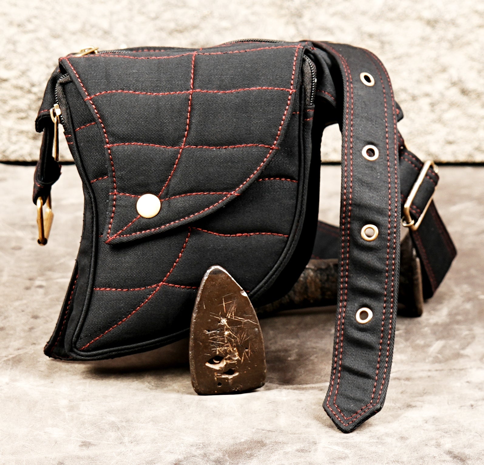 Gothic festival hip pouch with red line embroidery and snap-flap pocket