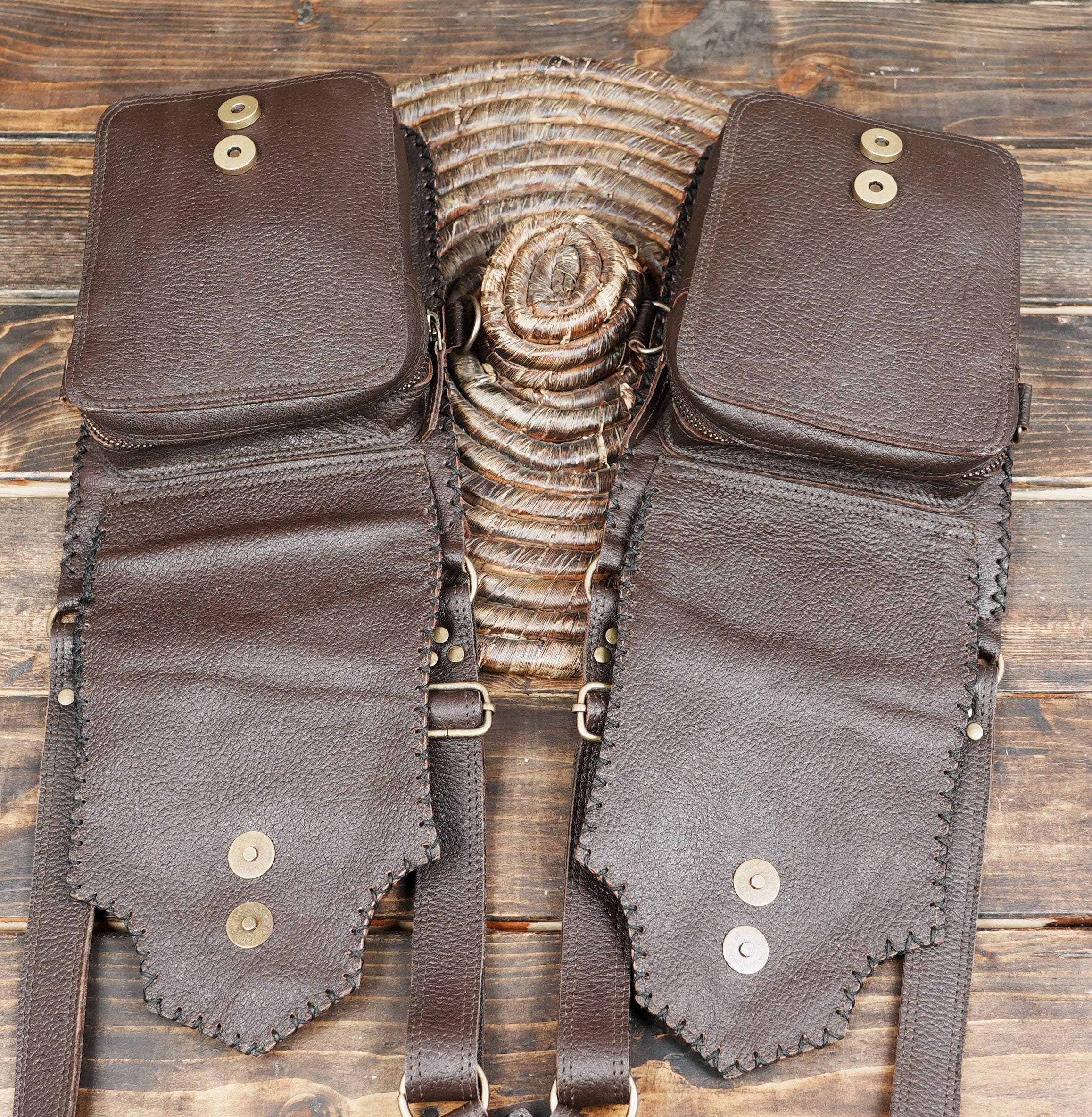 Unique artisan leather holster with double pouch utility and fantasy design