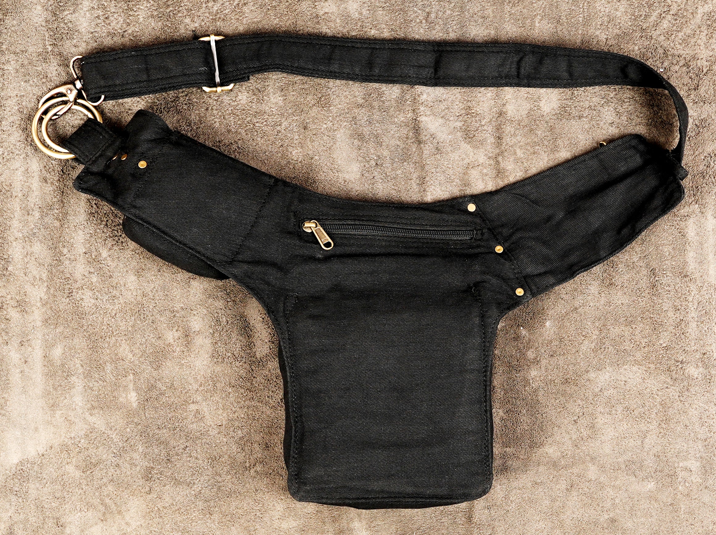 Hands-free black cotton utility pouch with snap buttons and zippers