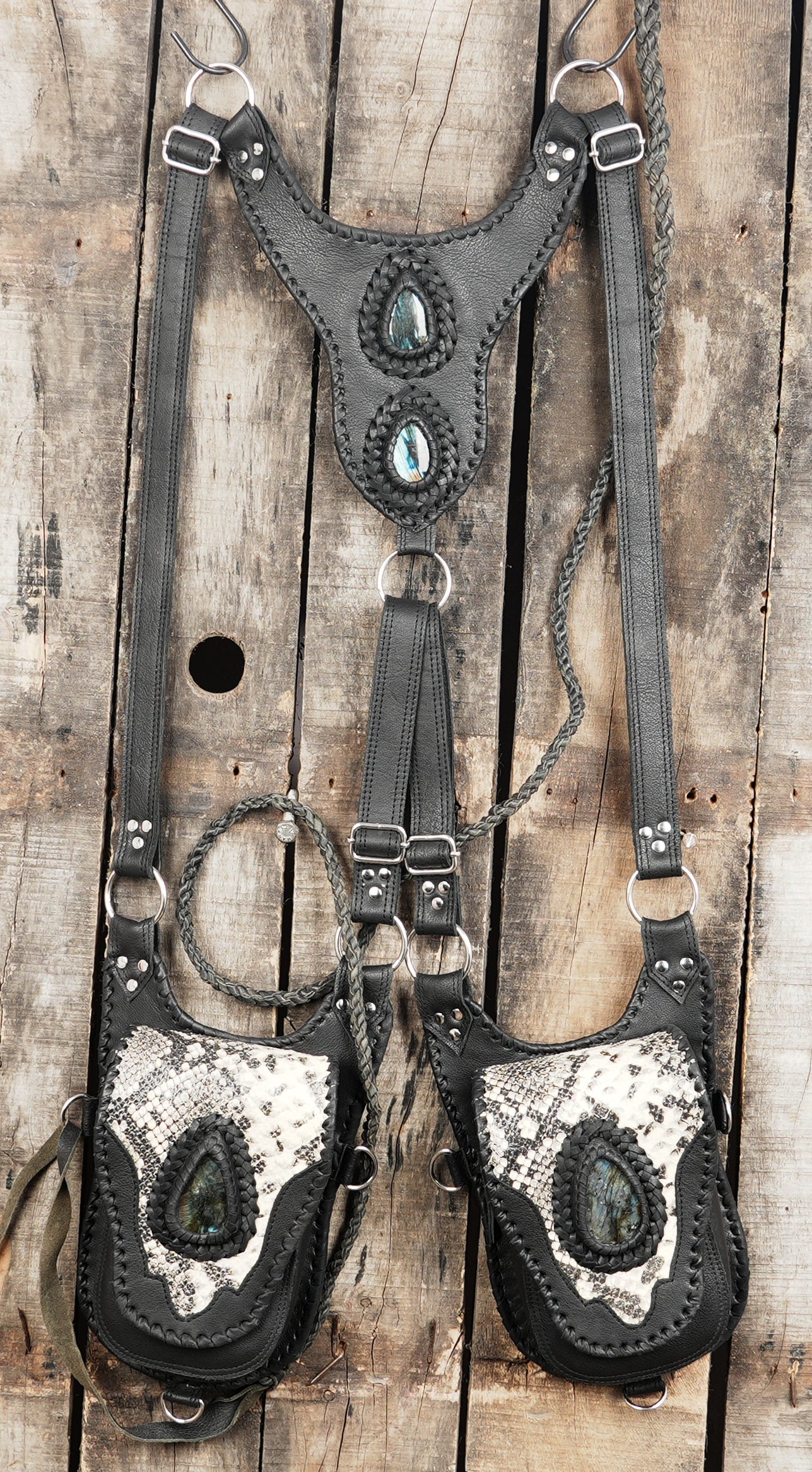 Adjustable stone accent leather body holster with silver clip hardware