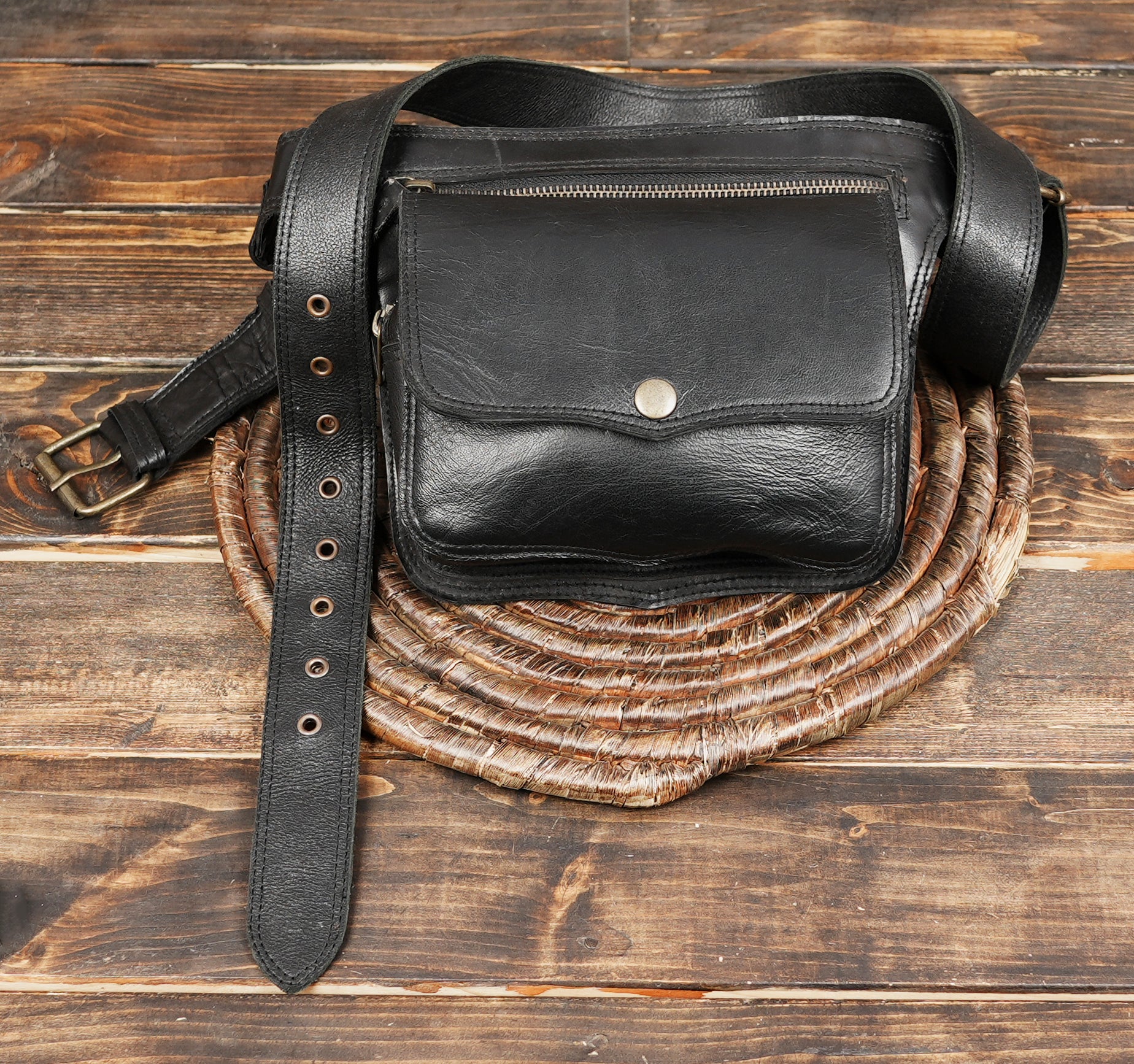Black Genuine Leather Waist Belt Bag with Zip Pocket || Unisex Black Leather Belt Pouch with Zipper Closure (LT/AB/WB/6076)