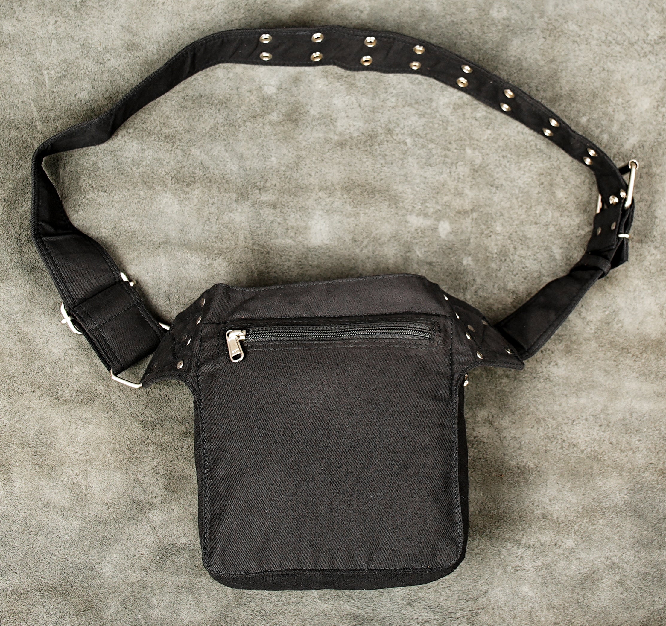 Unisex waist belt pouch with zipper pocket and silver hardware