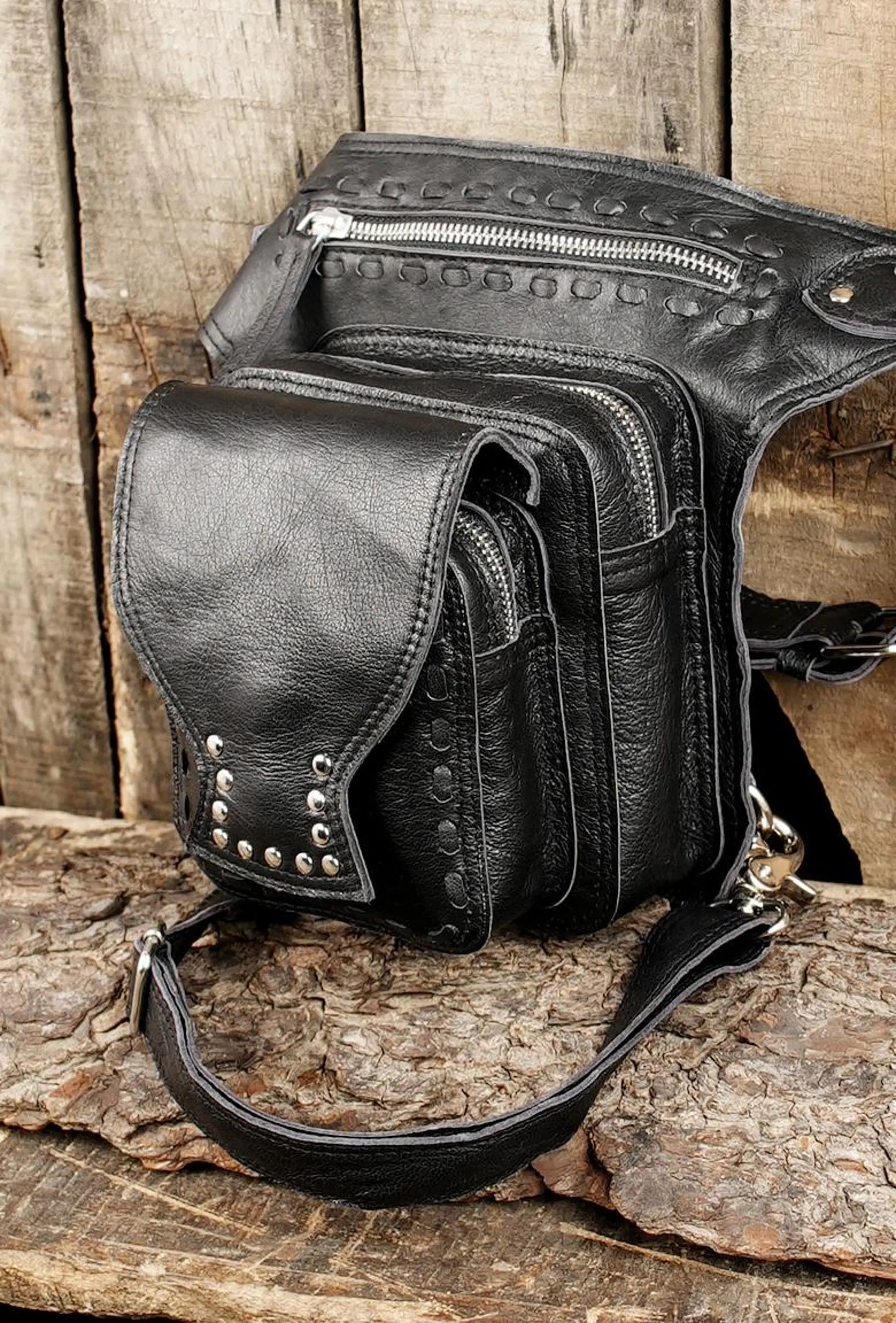 Handmade Leather Leg Bag Holster with Utility Pouch and Silver Hardware