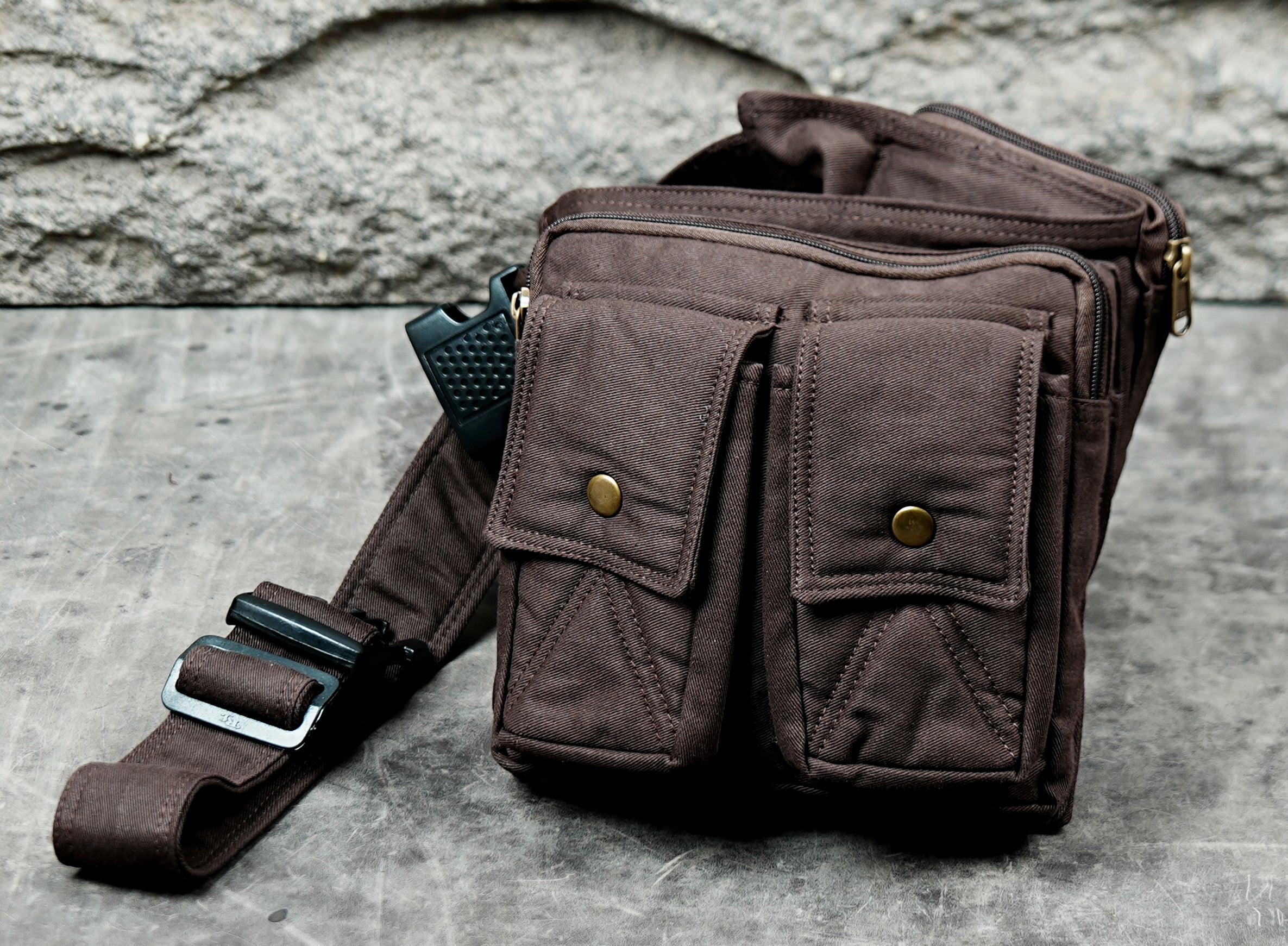 Utility cotton waist pack with two front flap pockets