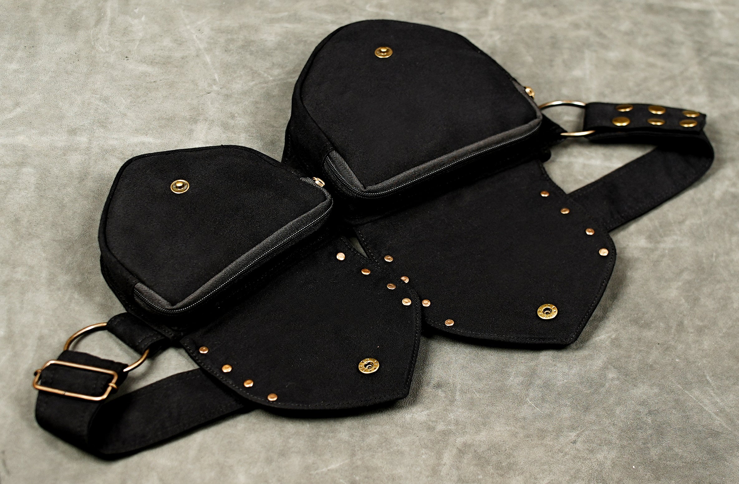 Unisex black cotton belt bag with brass buckle and ring closure