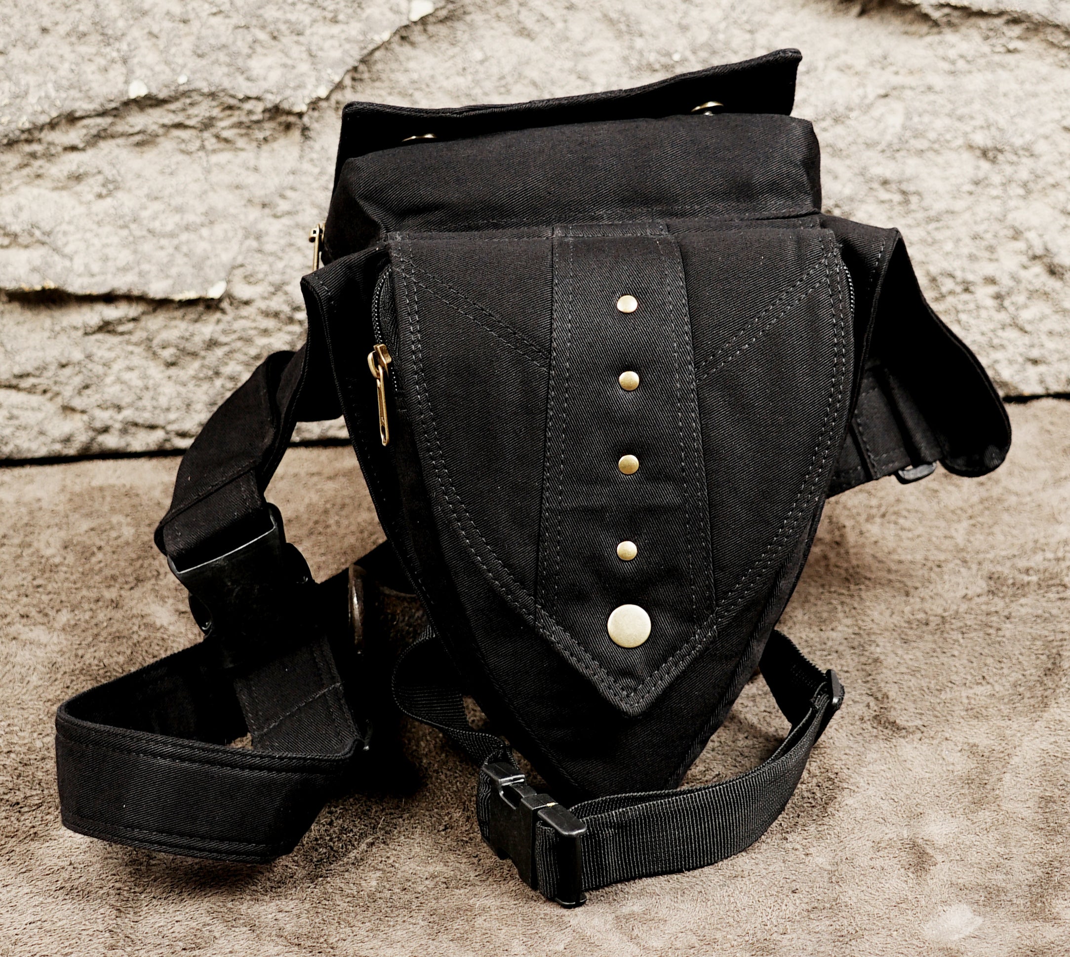 Gothic style black thigh belt bag with studded flap