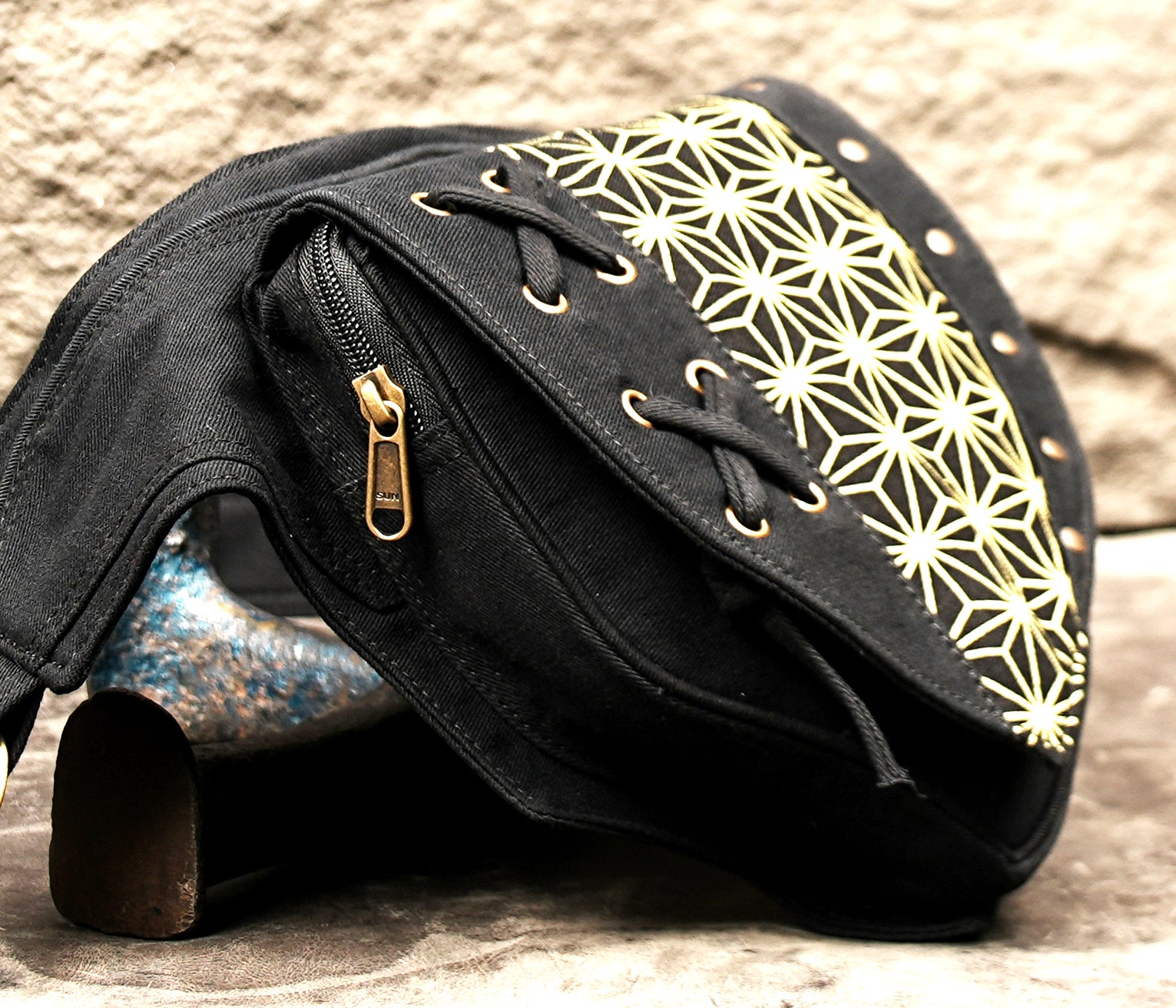 Black Cotton Waist Belt Bag, Geometric Festival Hip Pouch, Lace Up Utility Pack, Unisex Travel Accessory (CTN/AB/WB/1002)