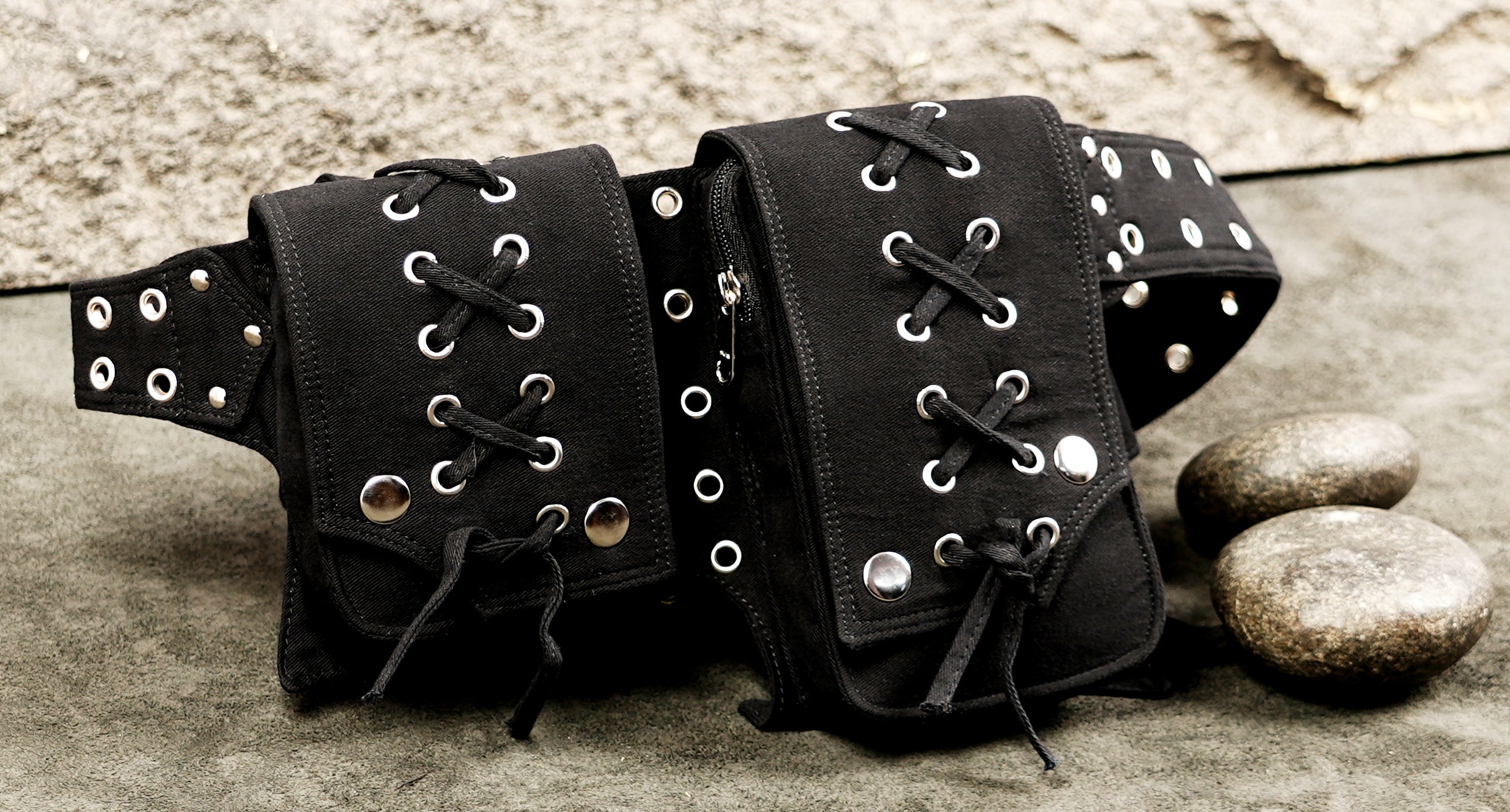 Alternative fashion black cotton utility belt with silver hardware