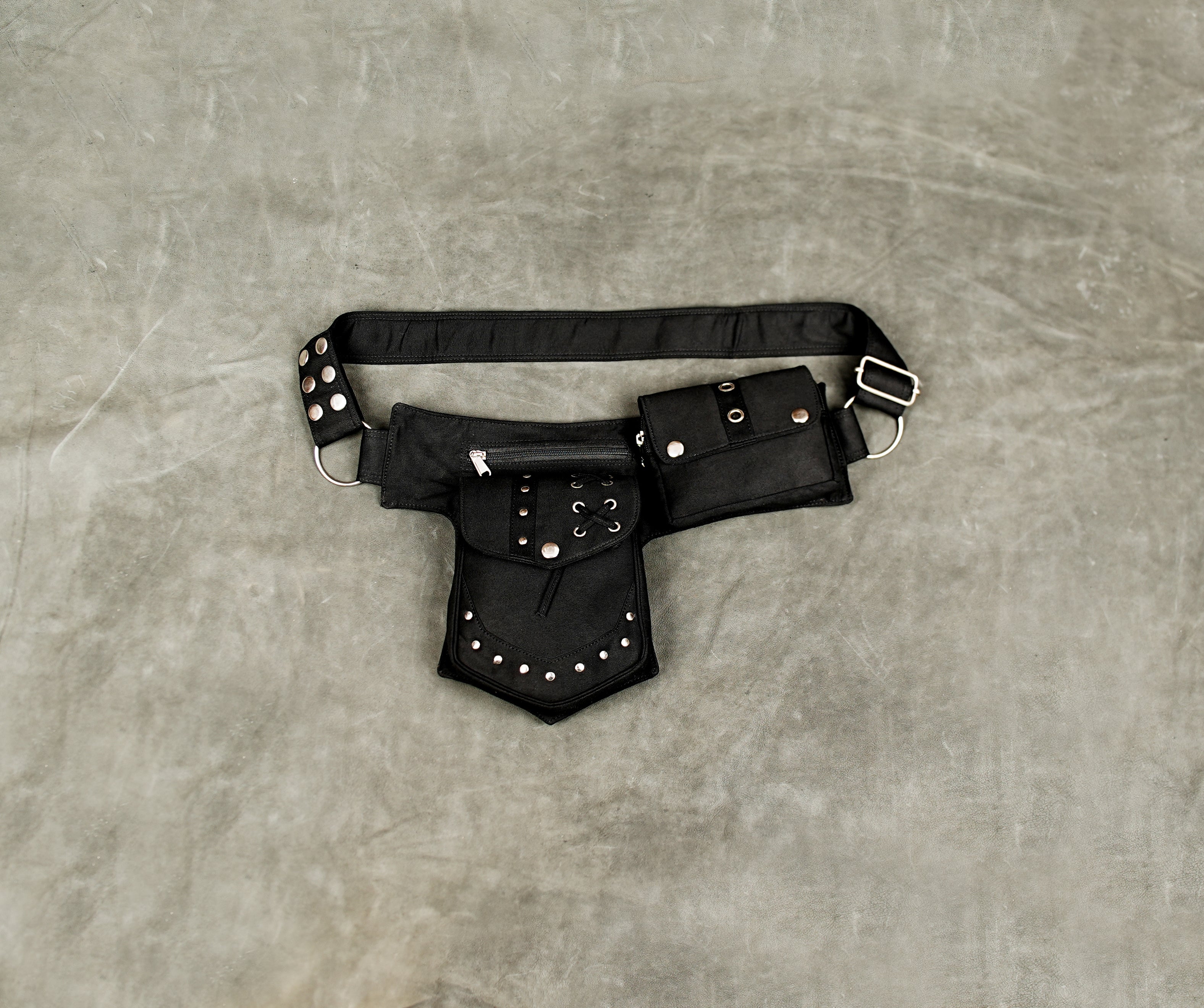 Handmade black cotton waist belt bag with lace-up eyelet detail