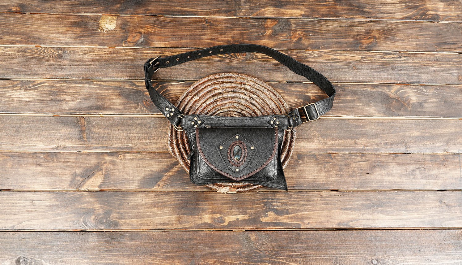 Handmade Black Leather Waist Belt with Gemstone – Festival & Everyday Wear