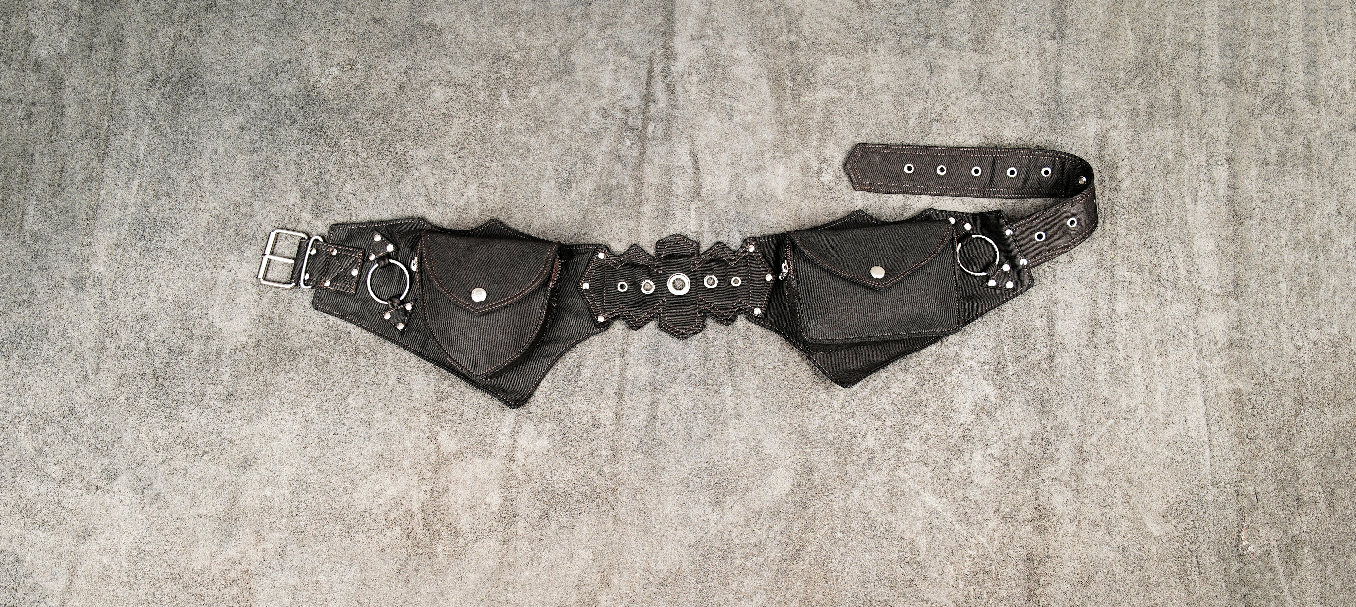 Black cotton utility waist belt with pouch and zipper pocket