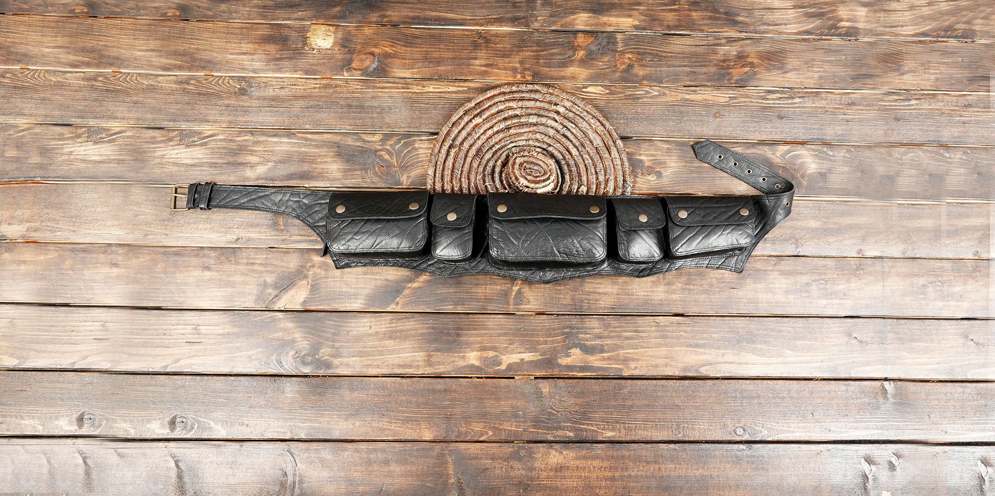 Black Leather Waist Belt with Multi Pockets – Handmade Utility Bag