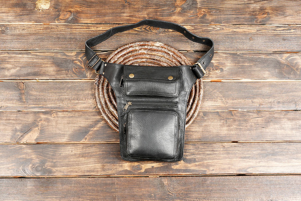 Black Leather Waist Belt Bag – Handmade Utility Hip Pouch for Festivals & Travel
