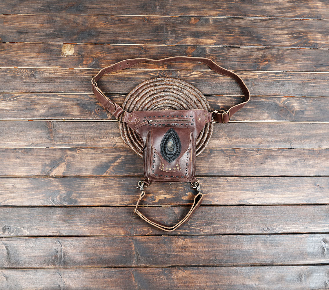 Handmade Black Leather Waist Thigh Belt with Gemstone Accent || Unisex Leather Waist Thigh Harness with Decorative Gem Center(LT-AB-WBTS-6009)