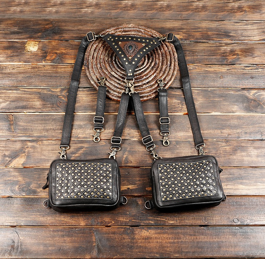 Handmade black leather shoulder holster bag with brass studs