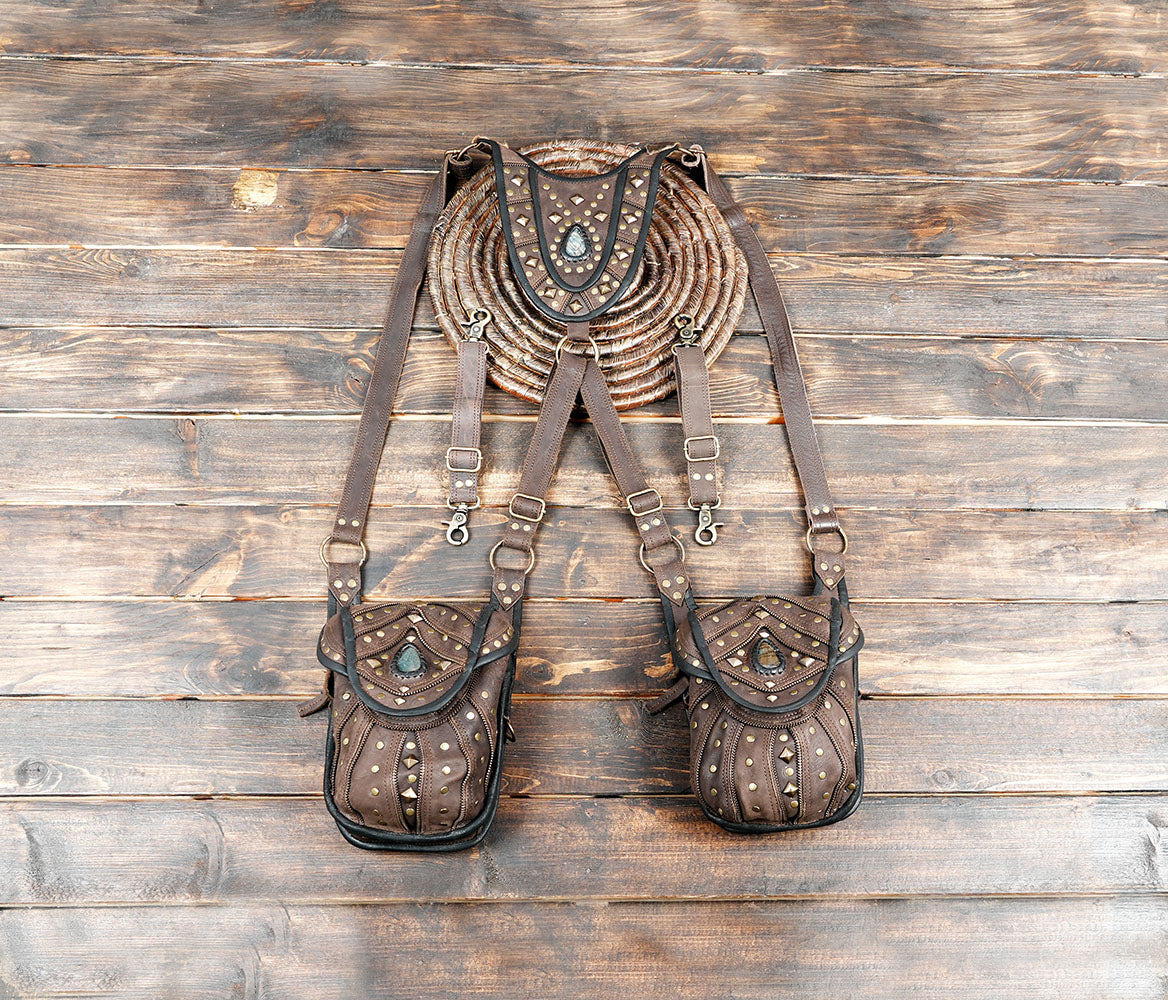 Handcrafted Leather Holster with Labradorite Stone Accents || Boho Style Leather Dual Pouch Holster with Gemstone Detail (LT-AB-HLS-6099)