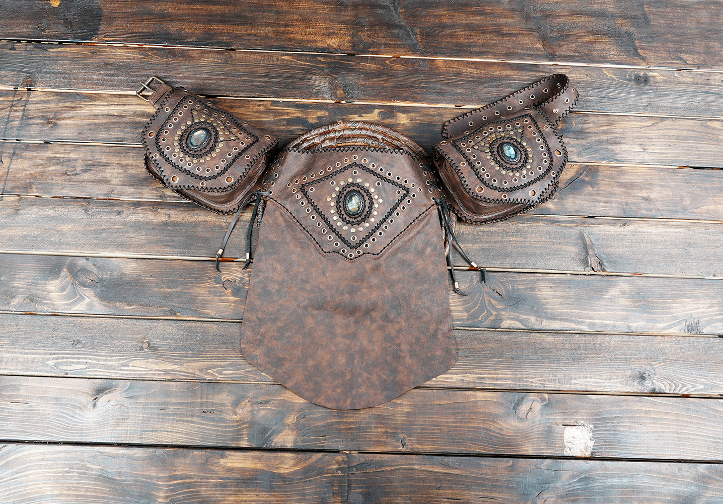 Handmade brown leather skirt waist belt with gemstone accents and pouches