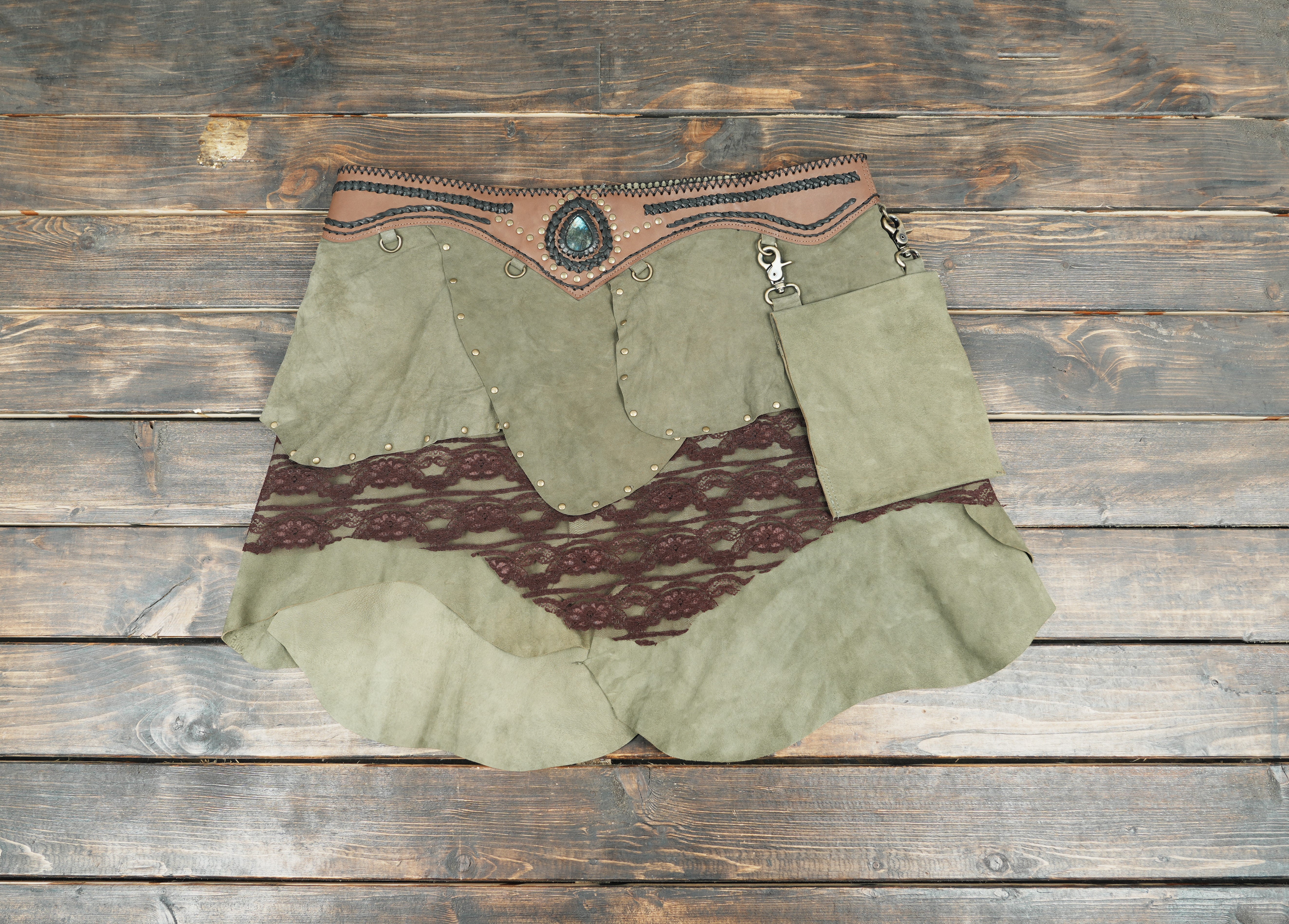 Handmade leather skirt with detachable pouch
