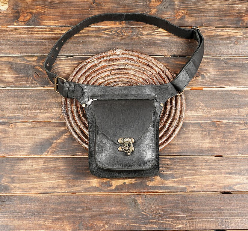 Handmade black leather utility belt bag with vintage metal lock