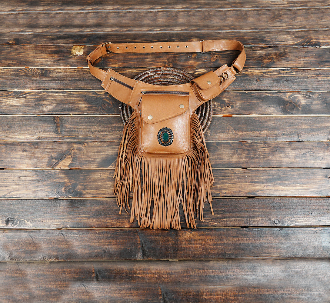 Handmade brown leather waist belt with fringe and gemstone accent