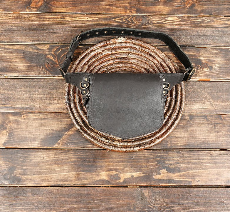 Handmade black leather waist belt bag with minimalist design