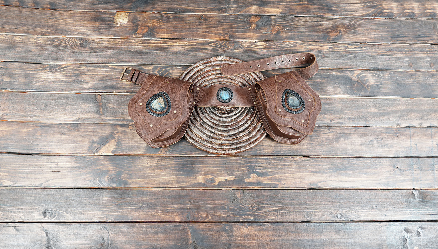 Handmade Black Tribal Leather Waist Belt with labradorite gemstone – Gothic Boho Hip Bag with Stone Accents  (LT-AB-WB-6080)