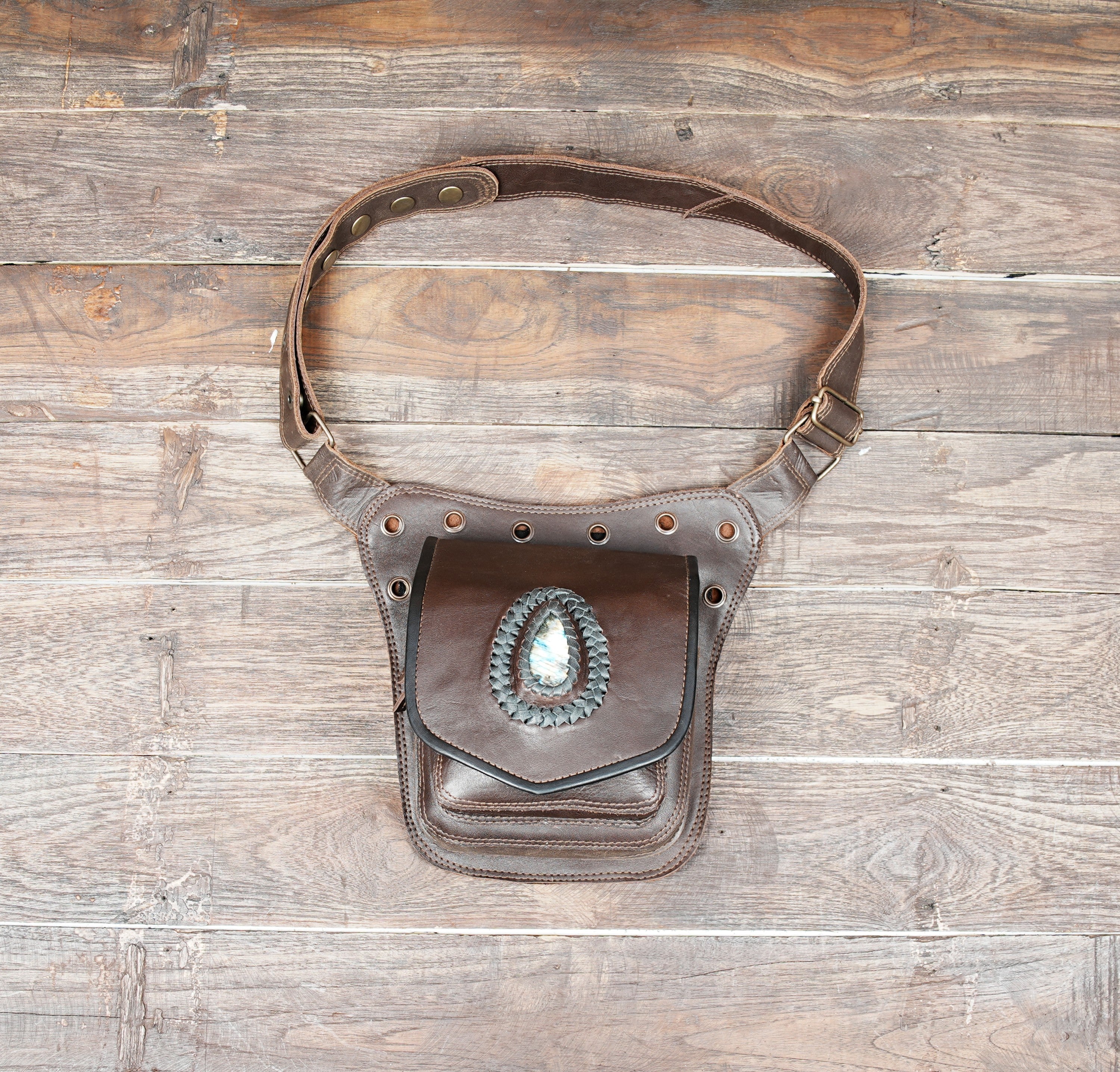 Handmade leather waist bag with gemstone front design