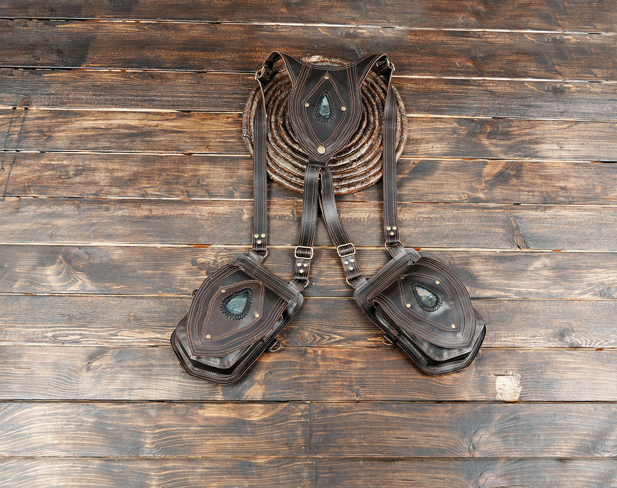 Western dual leather holster bag with gemstone inlay