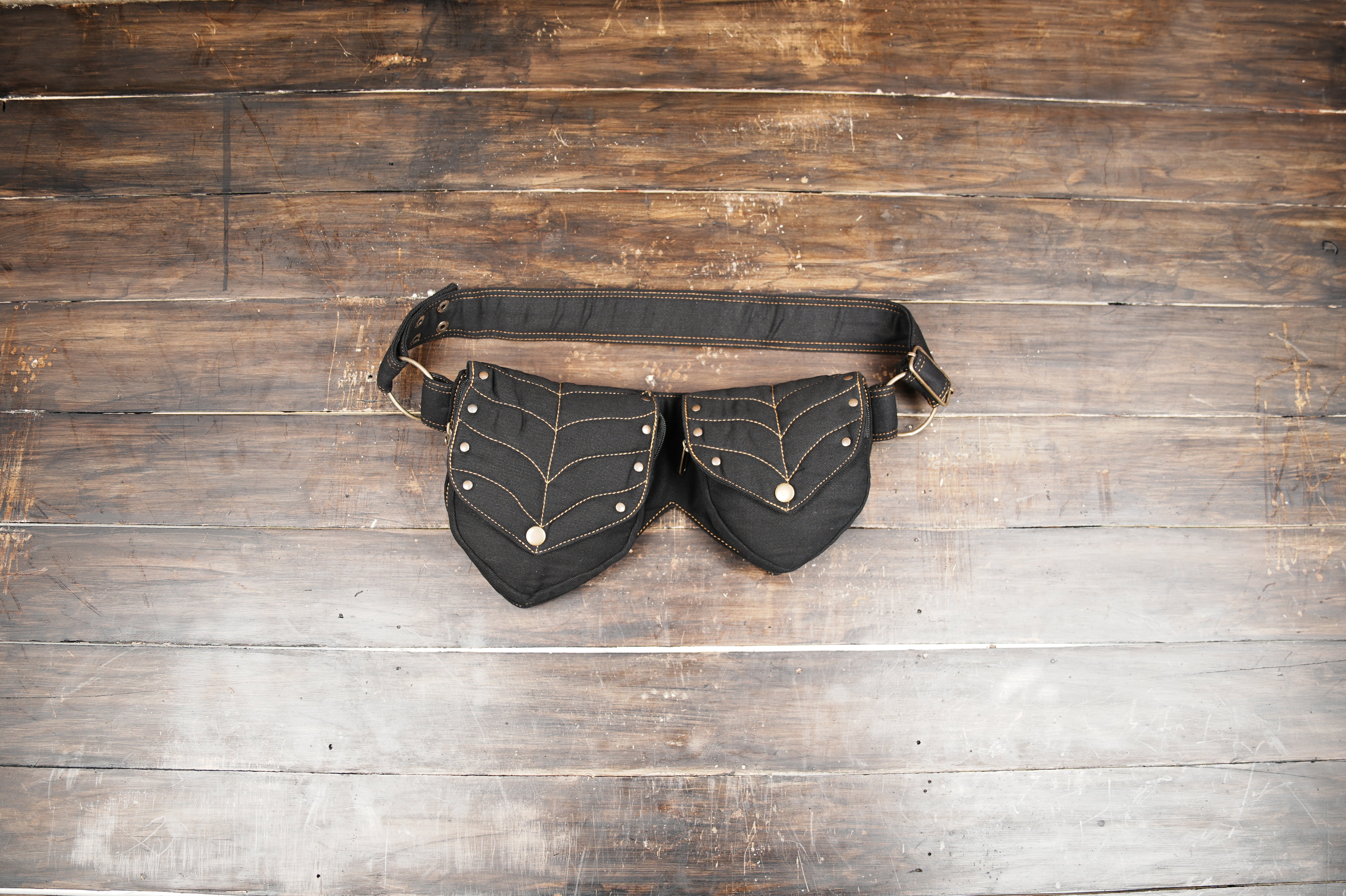 Black cotton festival belt bag with leaf pocket design
