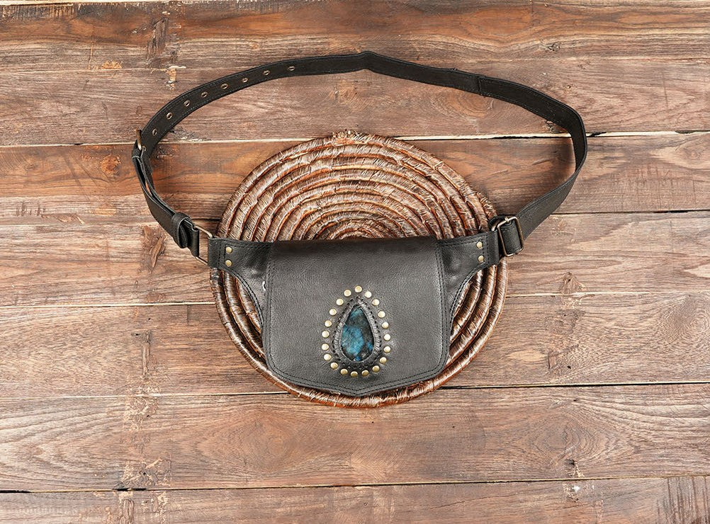 Black leather holster waist bag with blue gemstone centerpiece