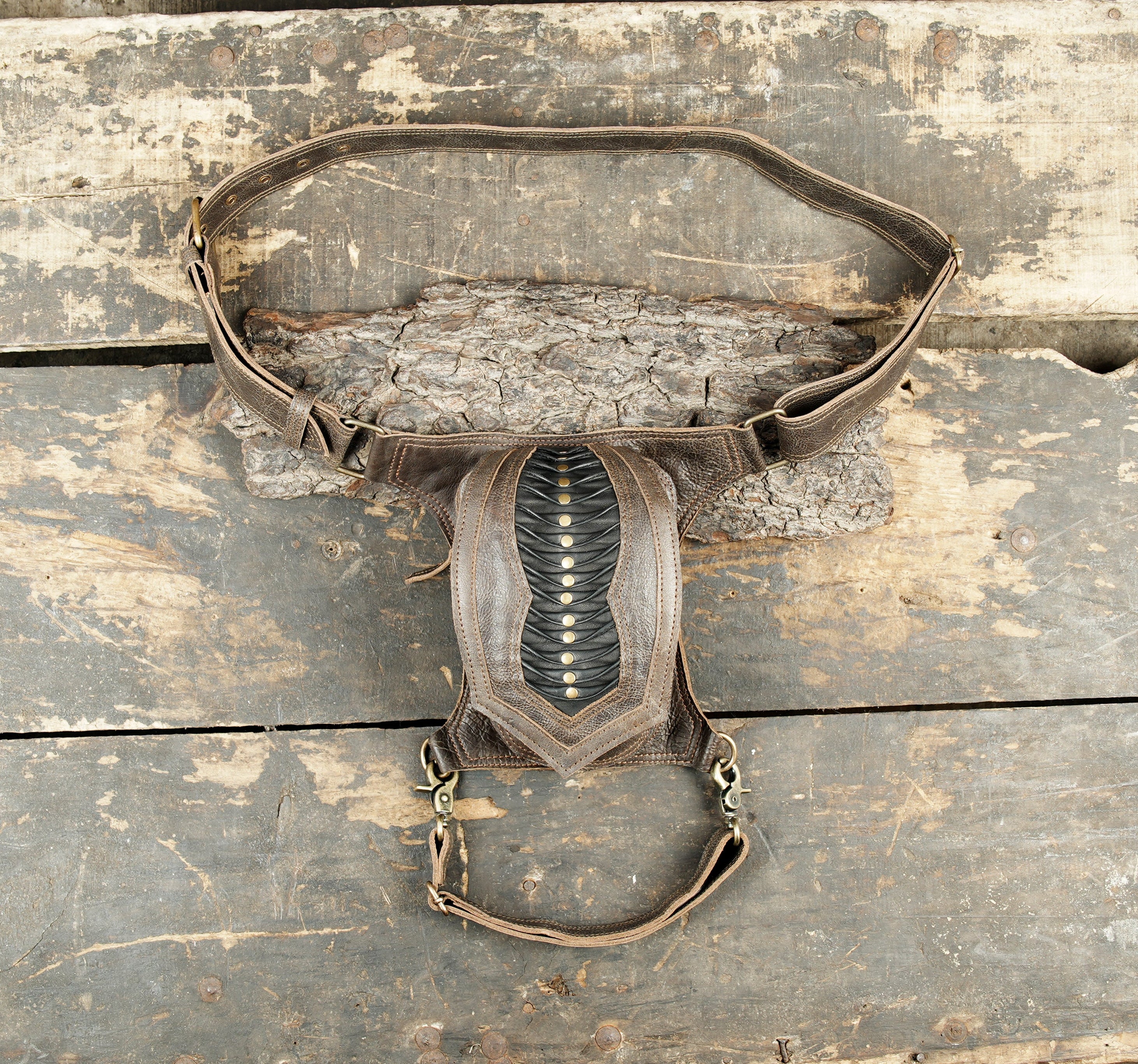 Handmade brown leather waist thigh belt with studded center panel