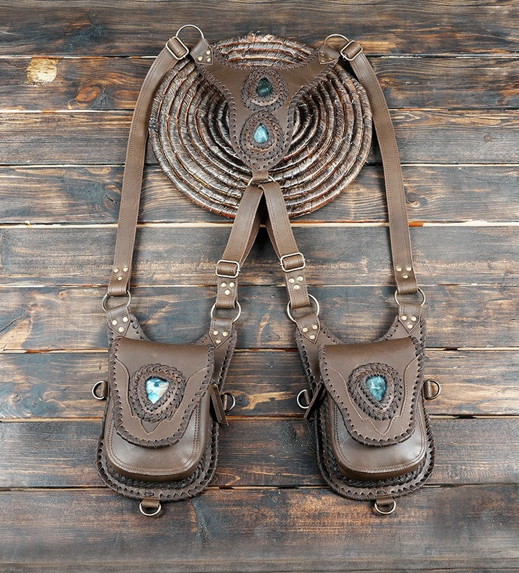 Buy Handmade Leather Holster Belt With Dual Utility Pouches, Steampunk Festival Leather Harness Belt 