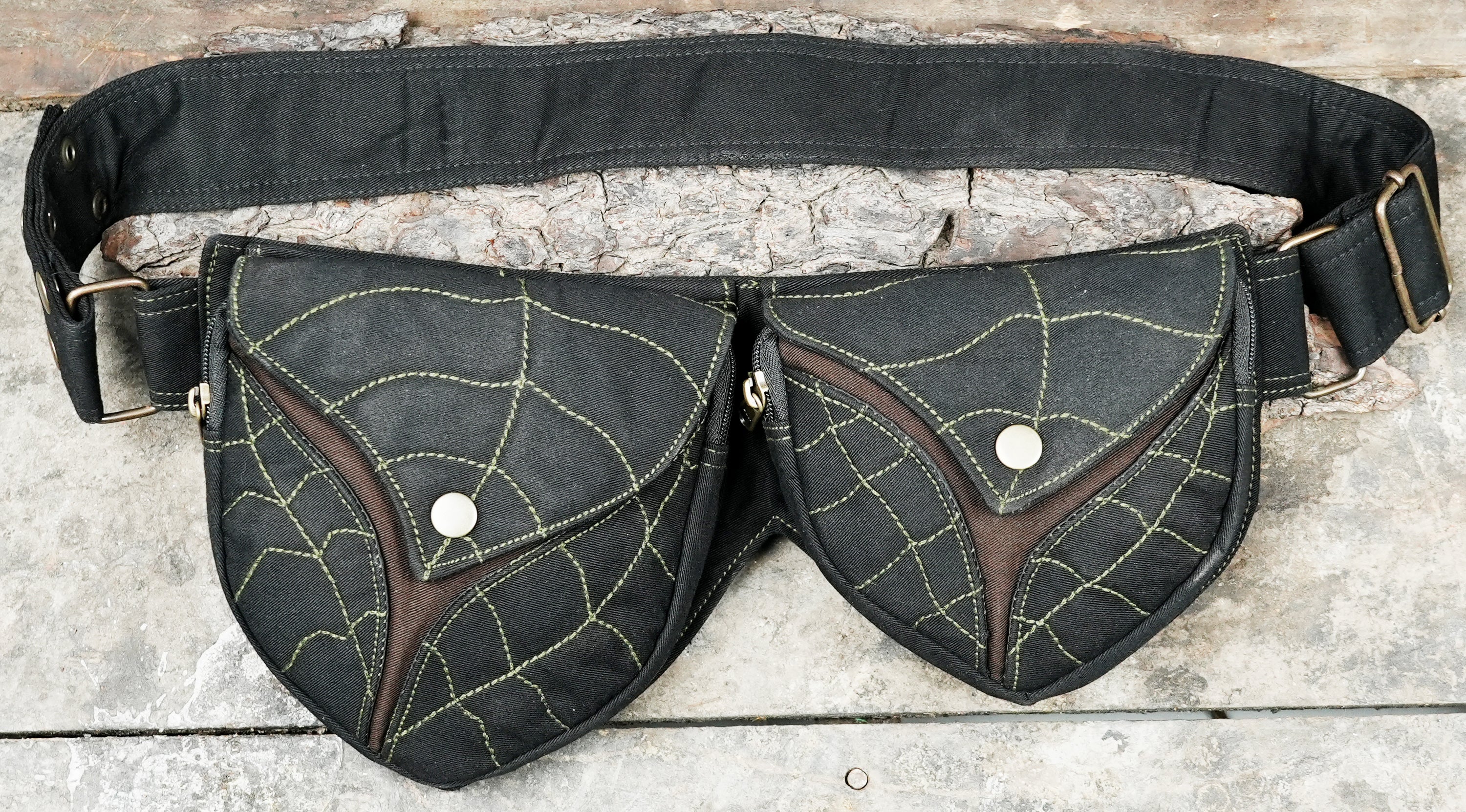 Black cotton waist belt bag with two pouches